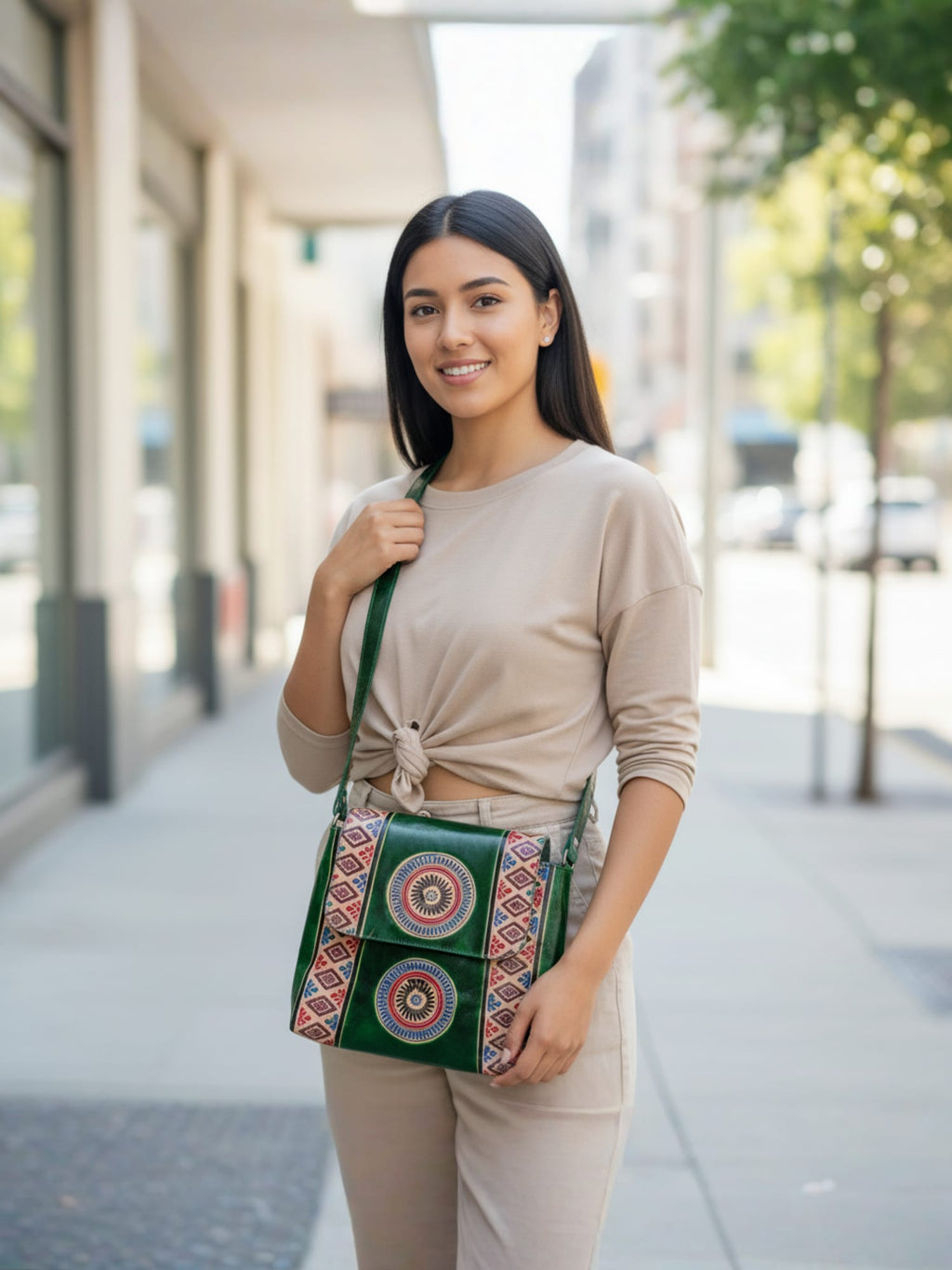 Woman holding a green patterned handbag on a city street