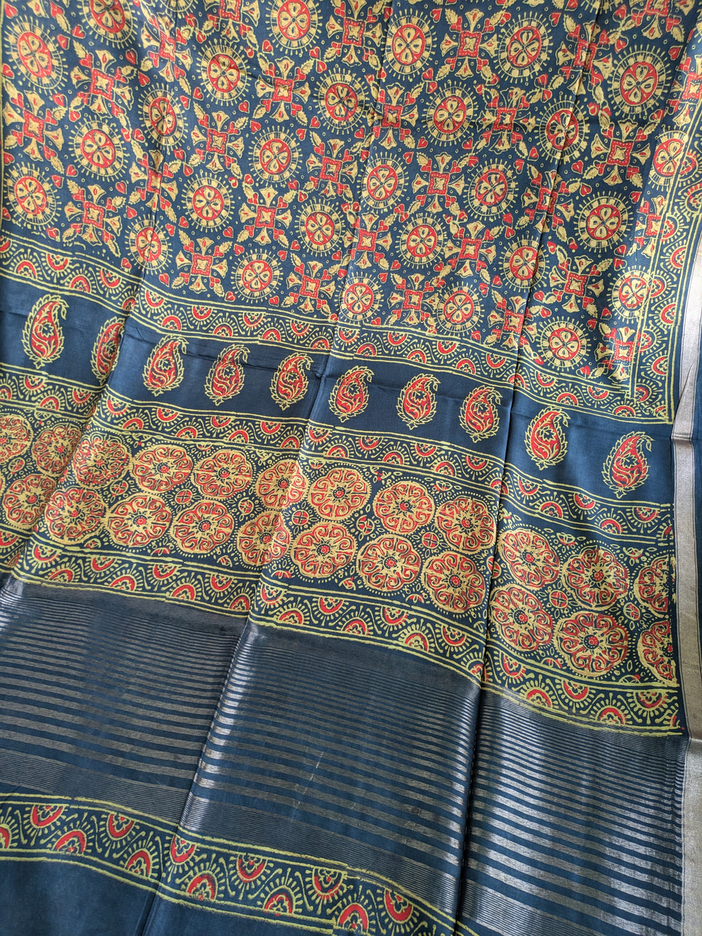 Traditional patterned fabric with a blue background and colorful floral design.