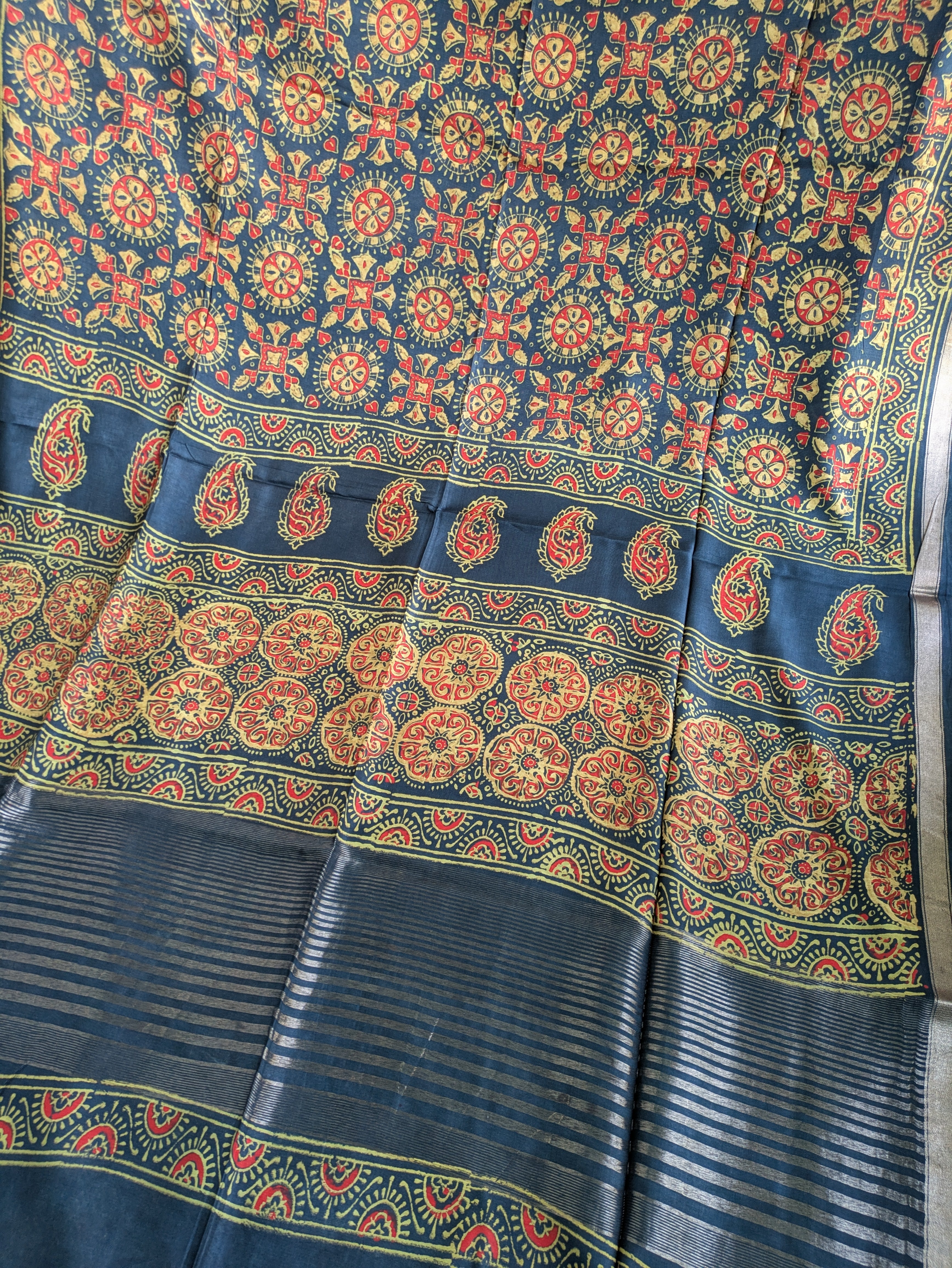 Traditional patterned fabric with a blue background and colorful floral design.