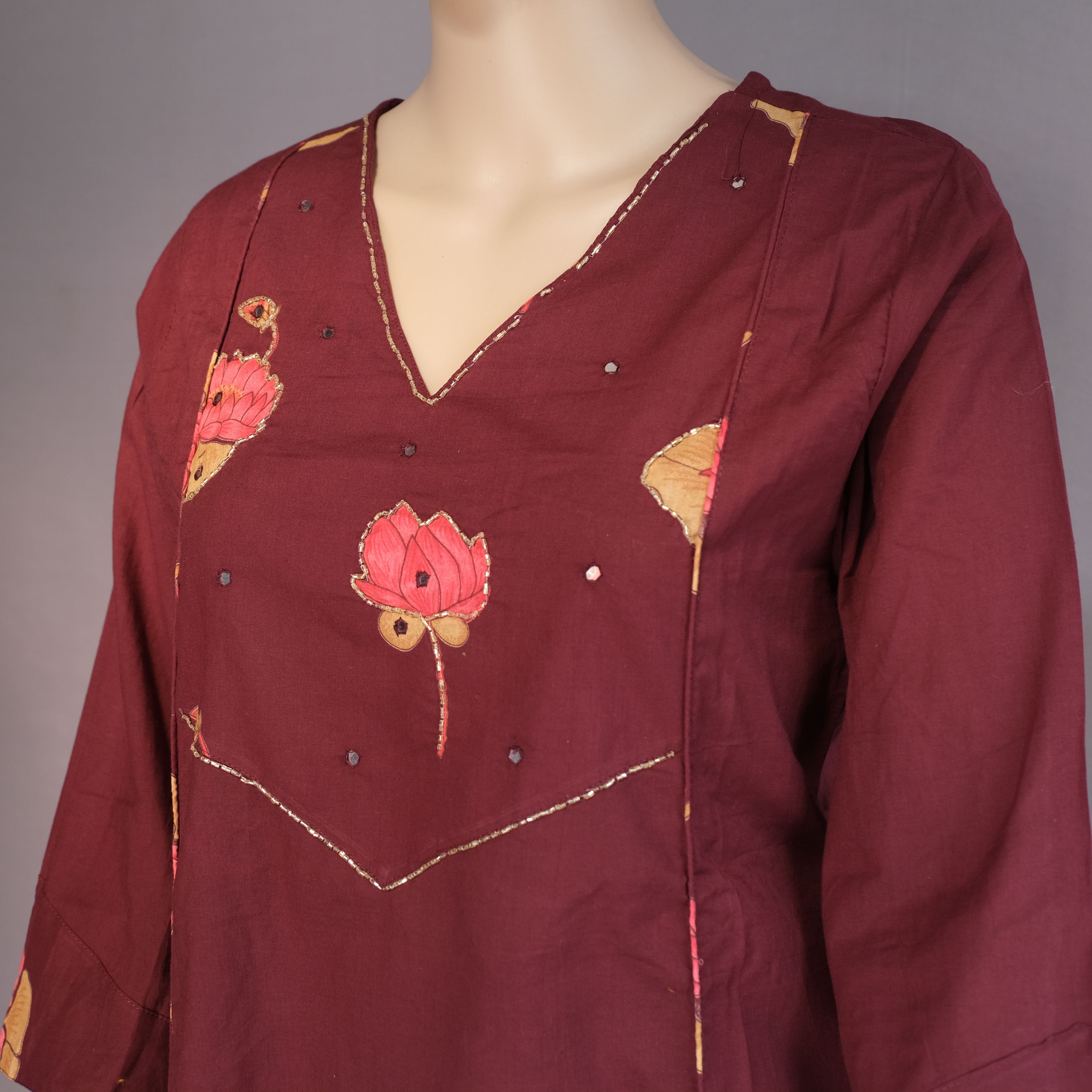 Three Piece Kurti Cherry Brown