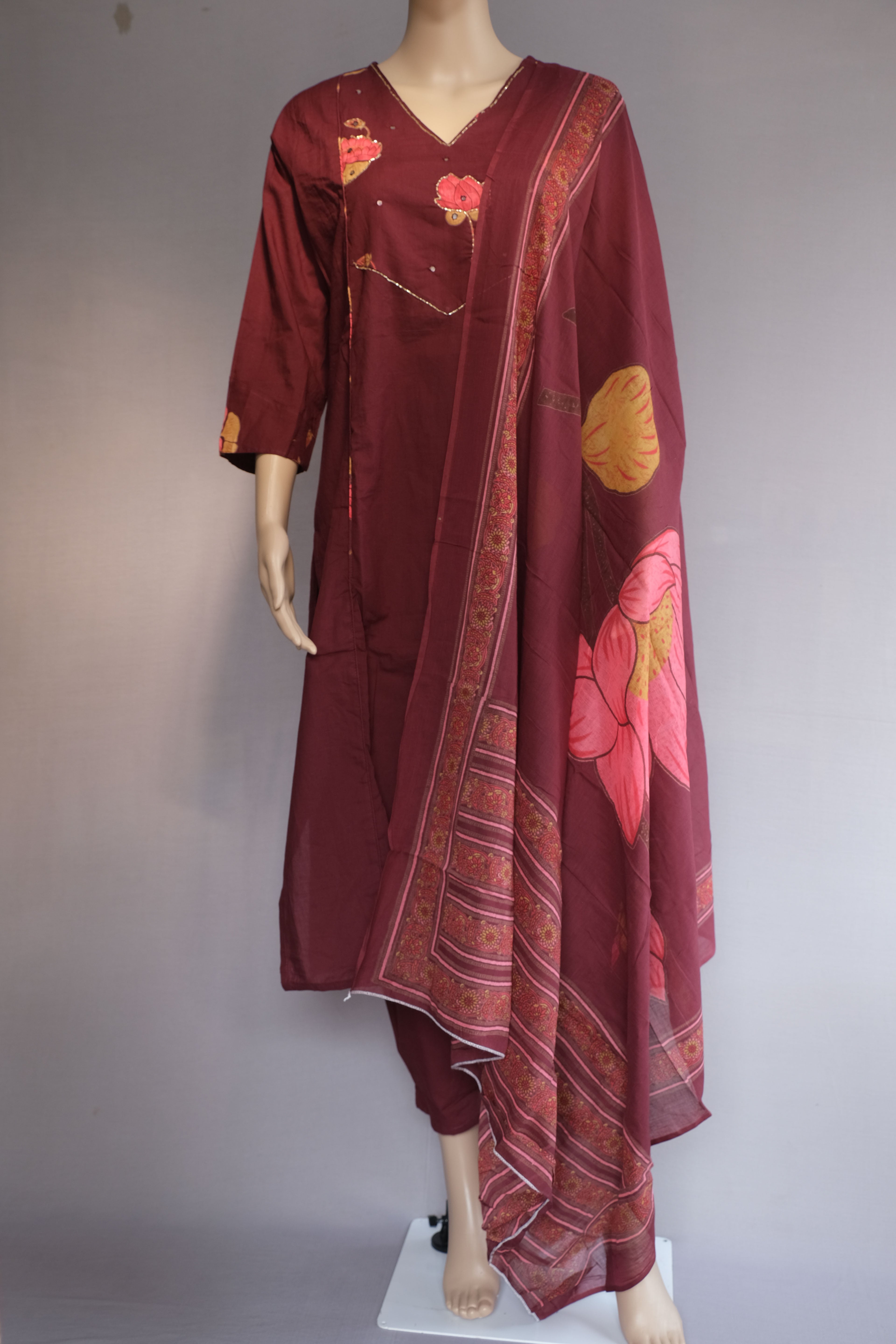 Three Piece Kurti Cherry Brown