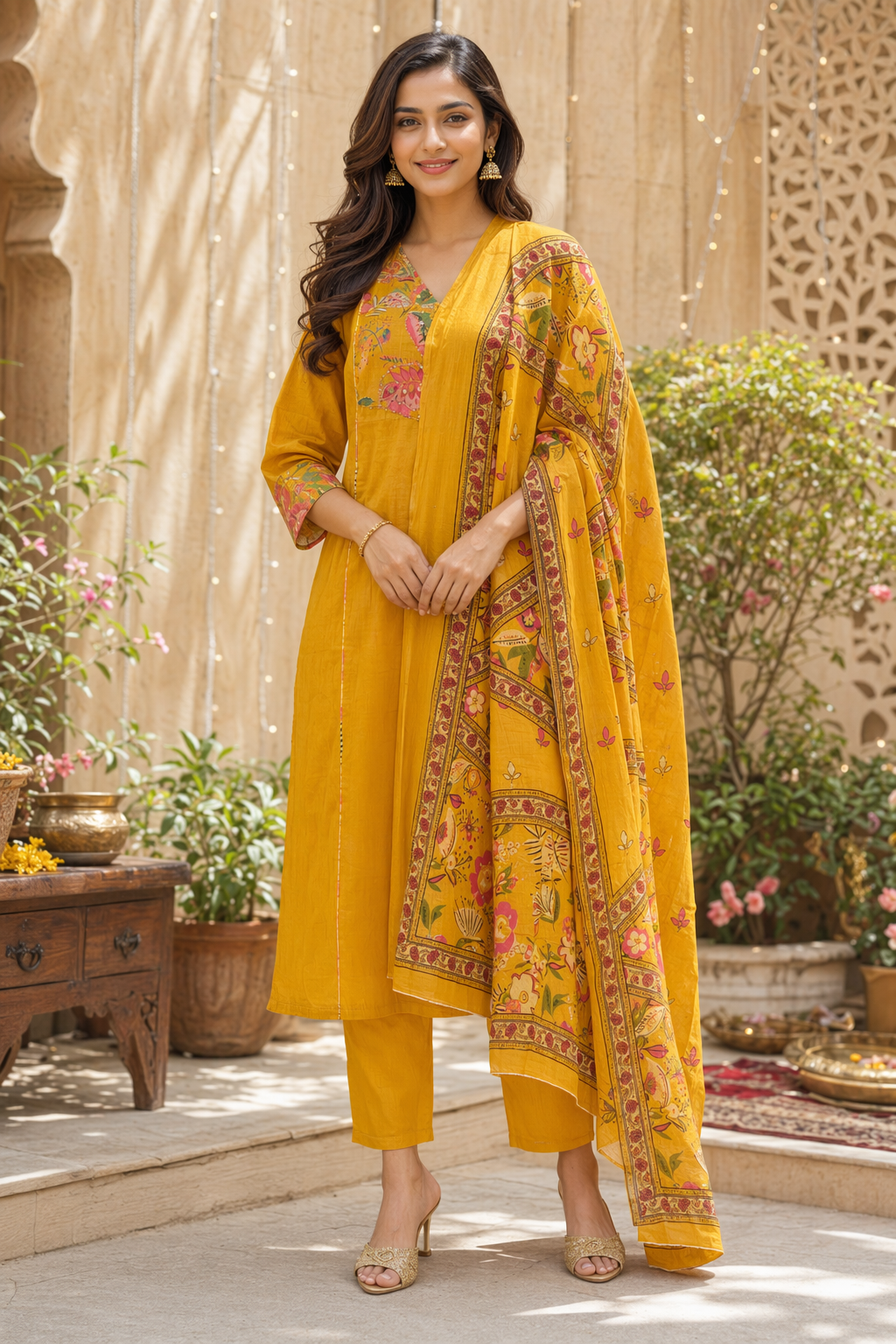 Woman in a yellow traditional outfit with floral patterns standing outdoors.