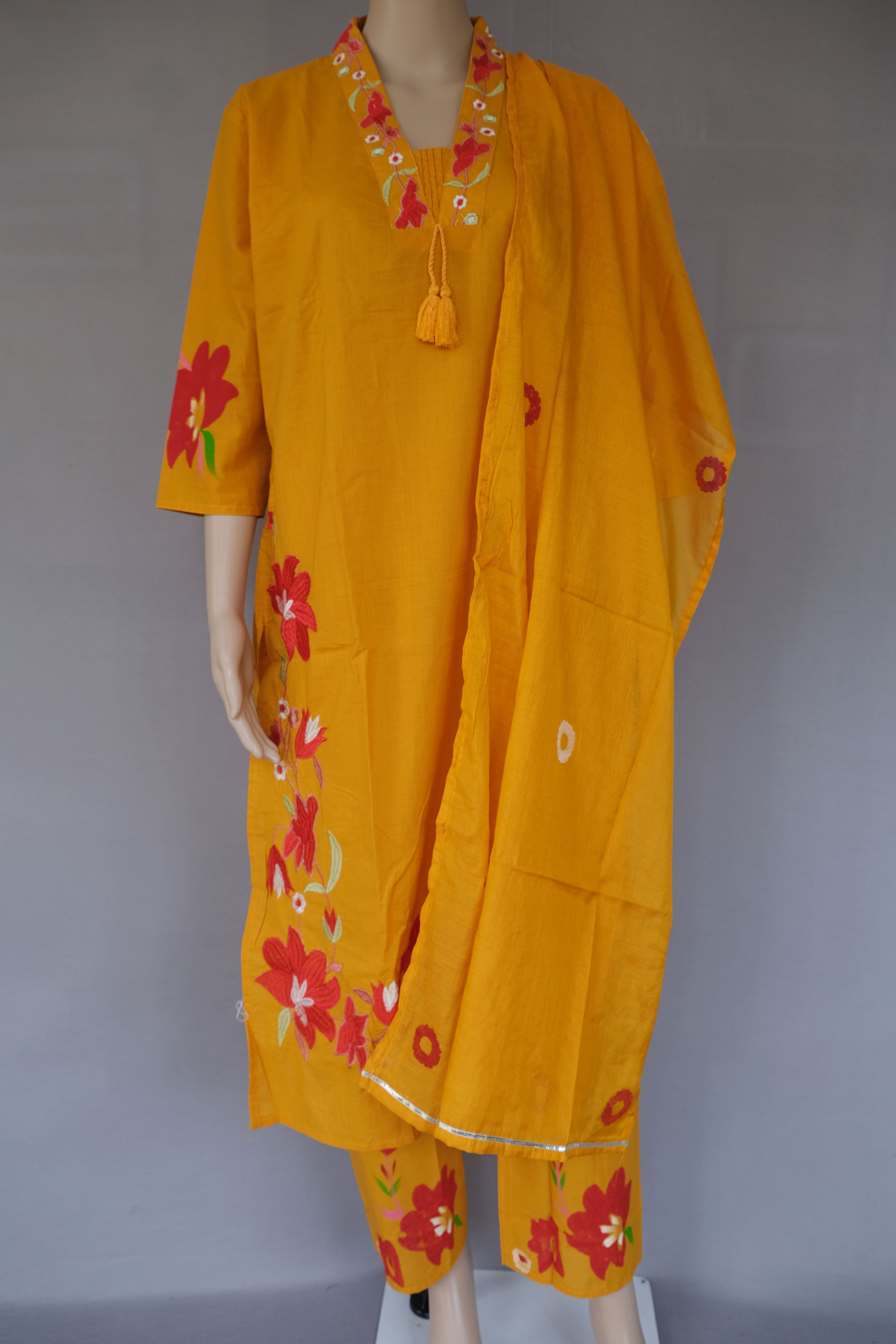 Three Piece Kurti Yellow with Embroidery