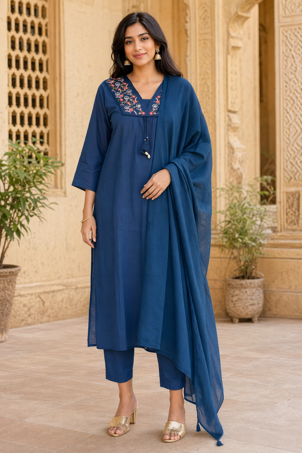 Three Piece Kurti Set Royal Blue