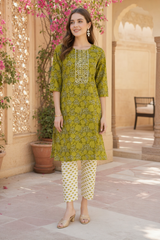 Three Piece Kurti Set Floral Yellow Green