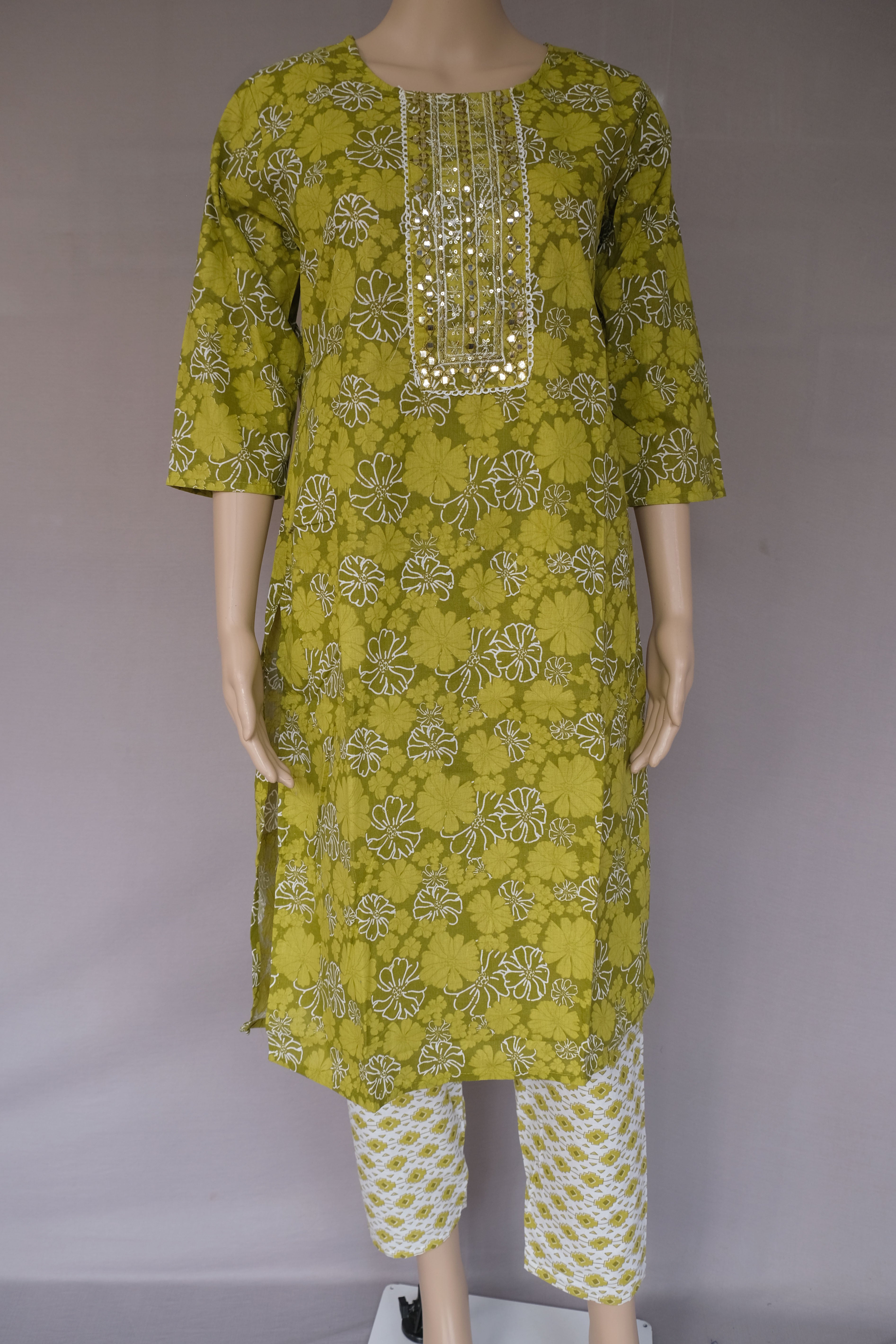 Three Piece Kurti Set Floral Yellow Green