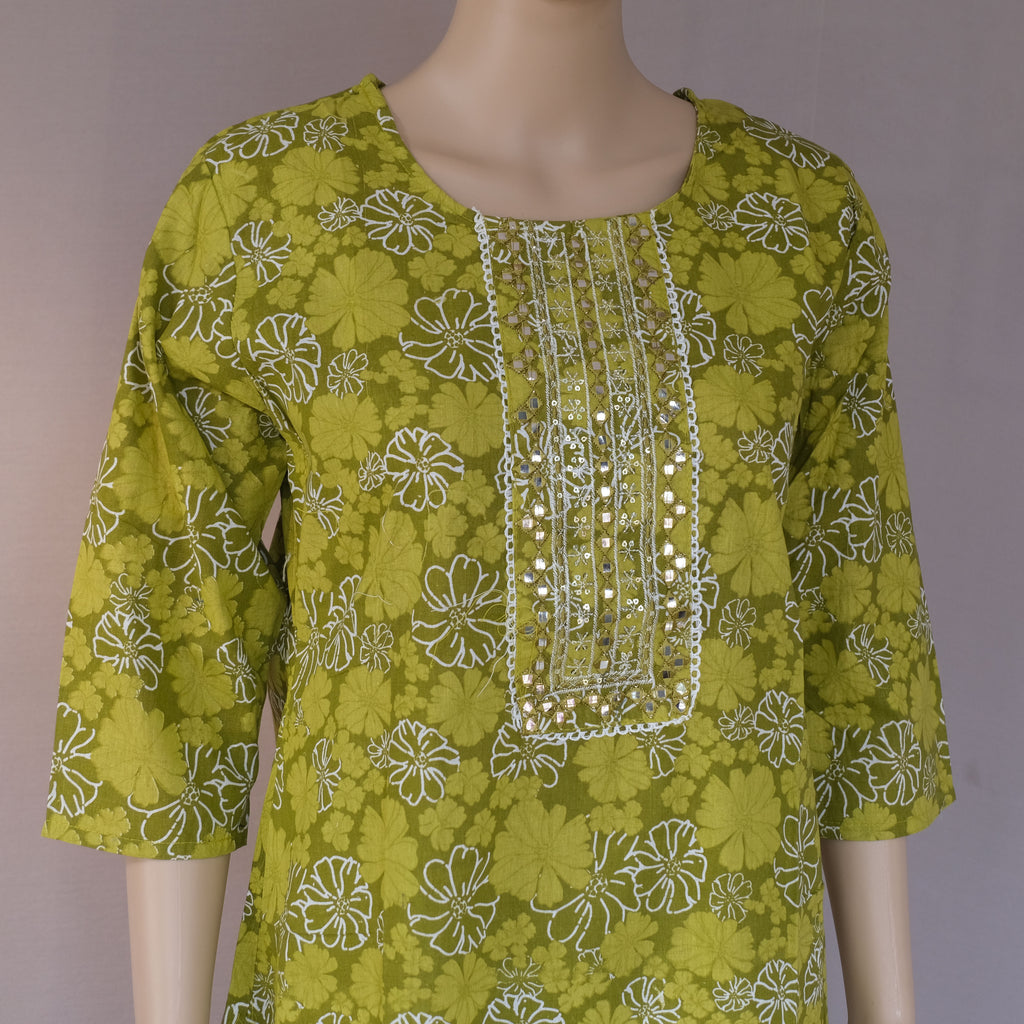 Three Piece Kurti Set Floral Yellow Green