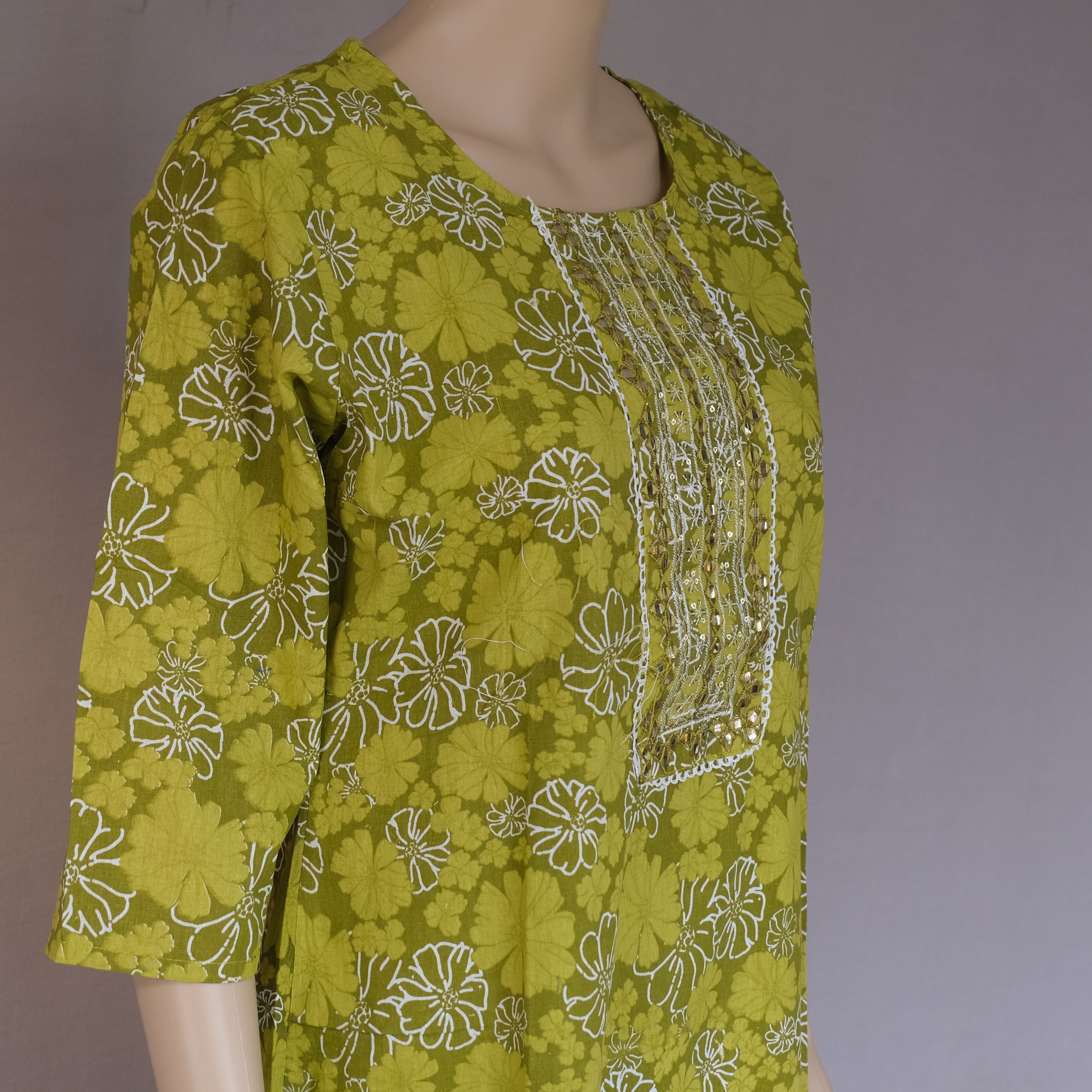 Three Piece Kurti Set Floral Yellow Green