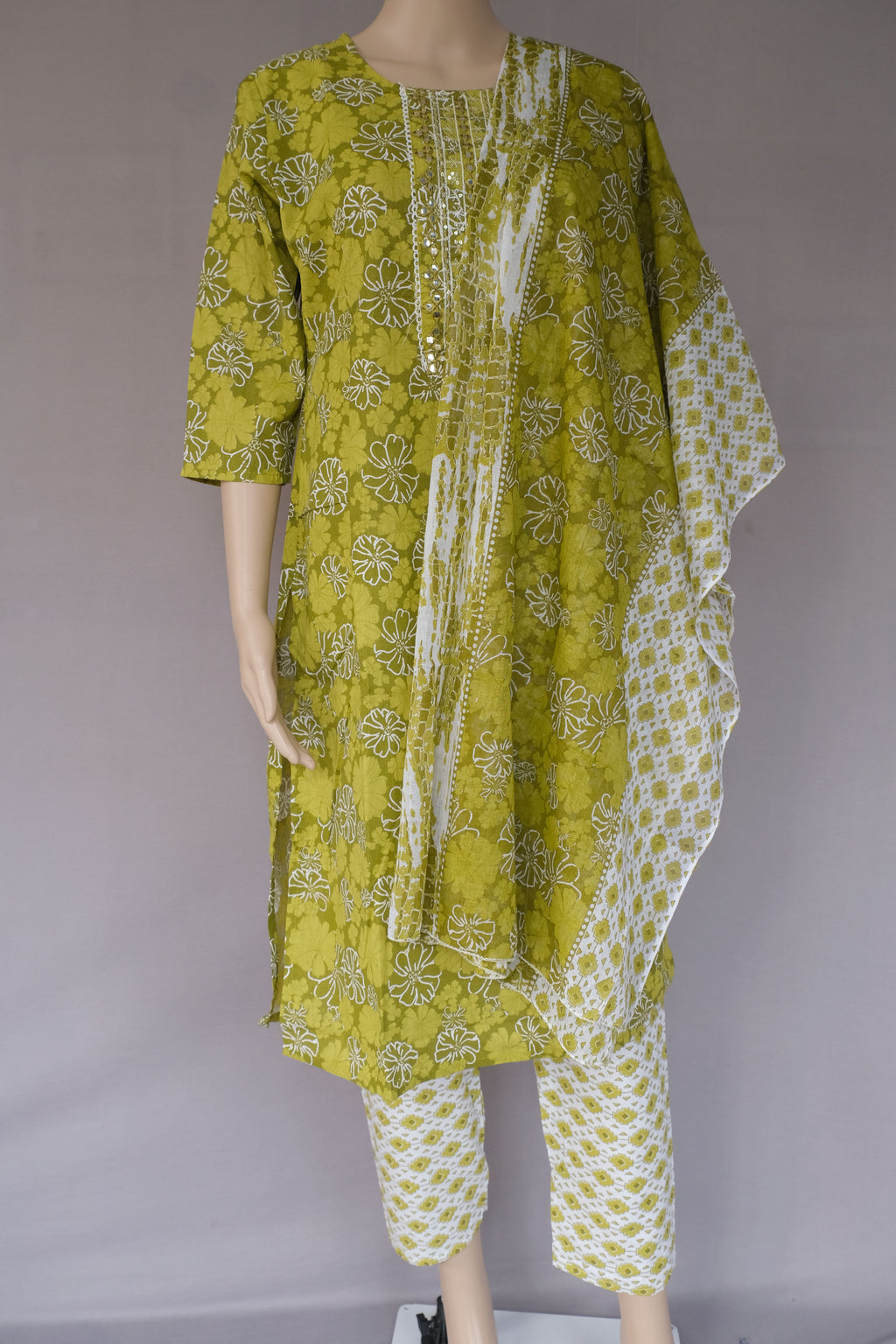 Three Piece Kurti Set Floral Yellow Green