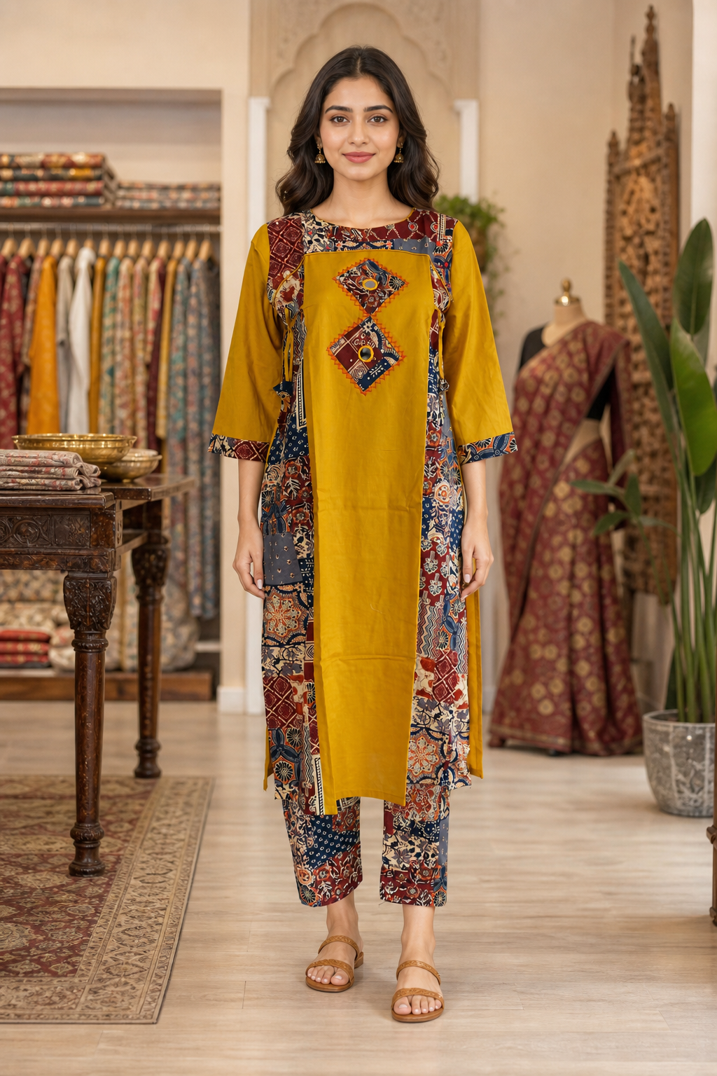 A woman modeling a mustard yellow kurta with colorful printed border panels and matching printed pants in a boutique setting.