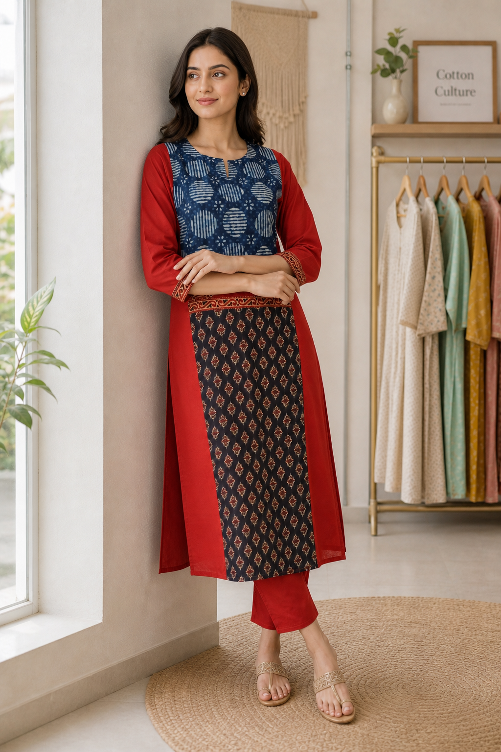 A woman models a red and navy blue printed kurta set in a bright, modern boutique interior. The outfit features a navy blue upper bodice with white circular patterns, a solid red three-quarter sleeve overlay, and a navy blue lower panel with a red and gold geometric print.