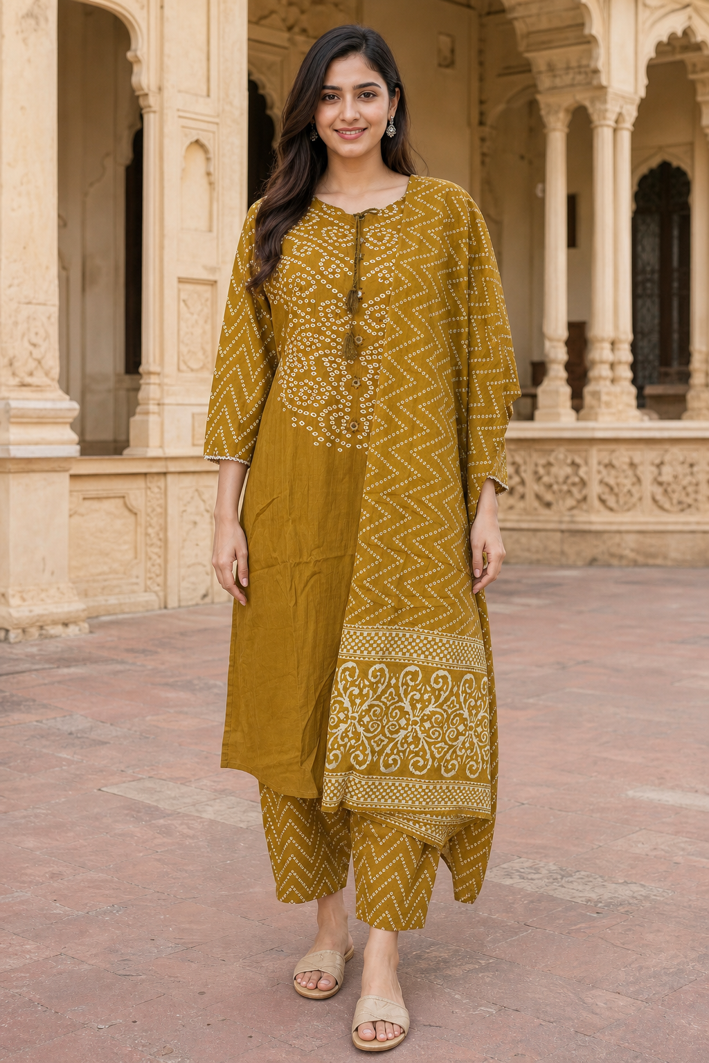A woman modeling a mustard yellow kurta set with white geometric and floral embroidery, standing in front of a traditional stone courtyard with arches.