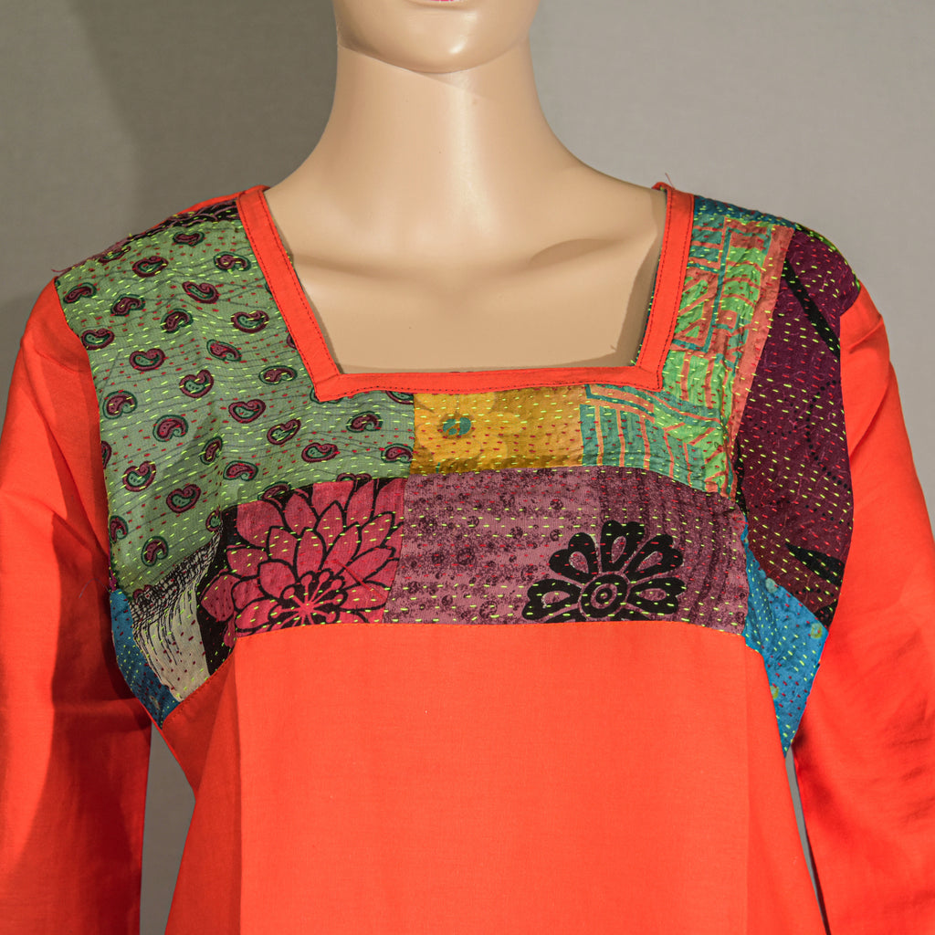 Orange Top with Applique and Kantha Stitch