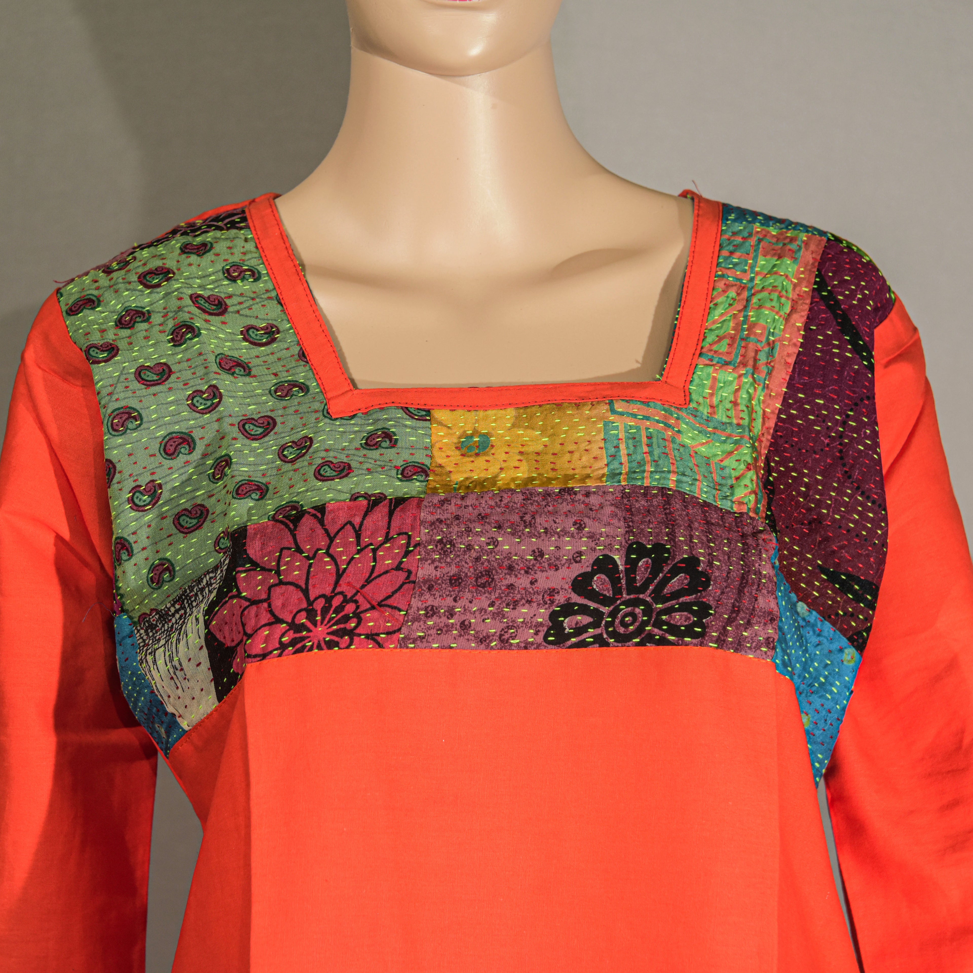 Orange Top with Applique and Kantha Stitch