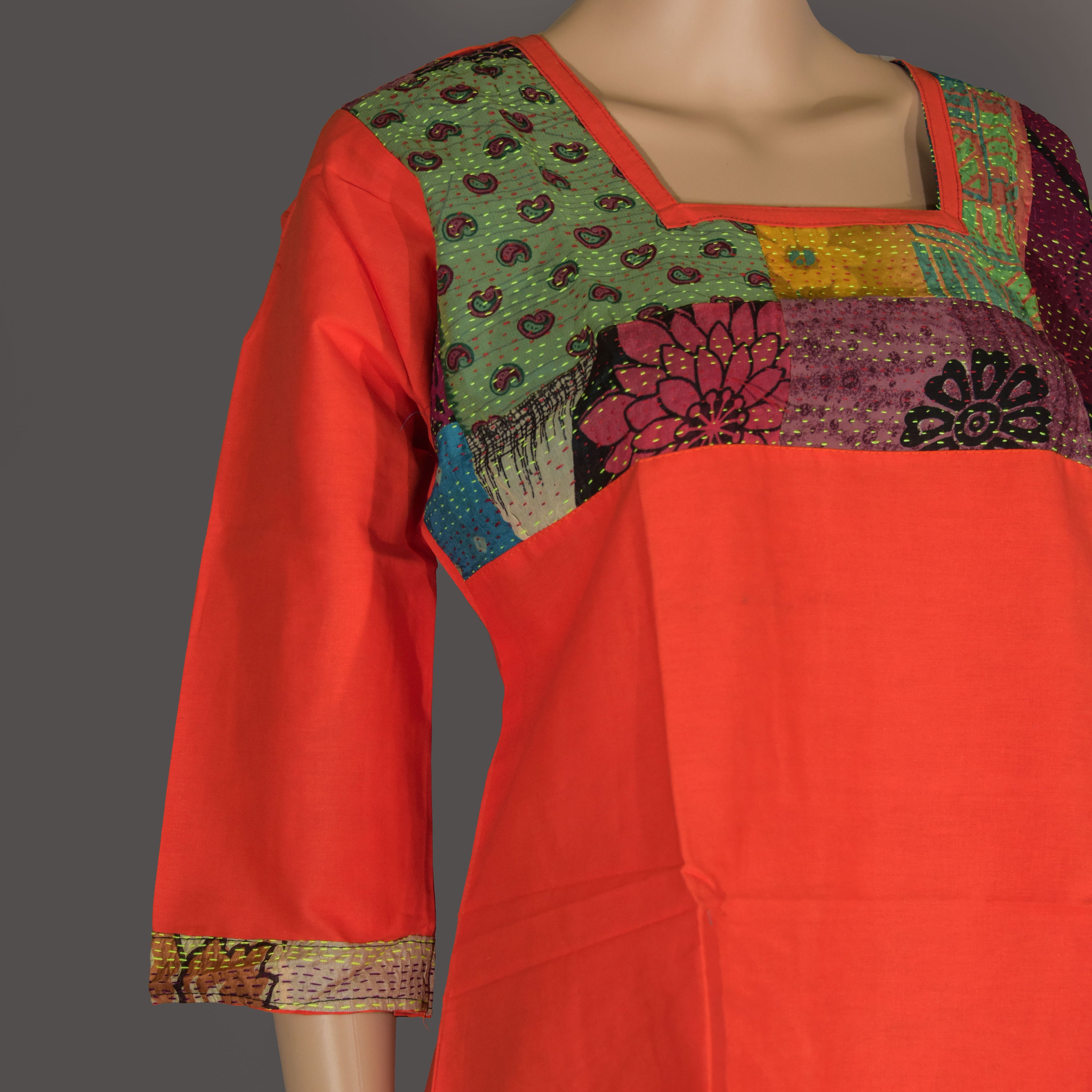 Orange Top with Applique and Kantha Stitch