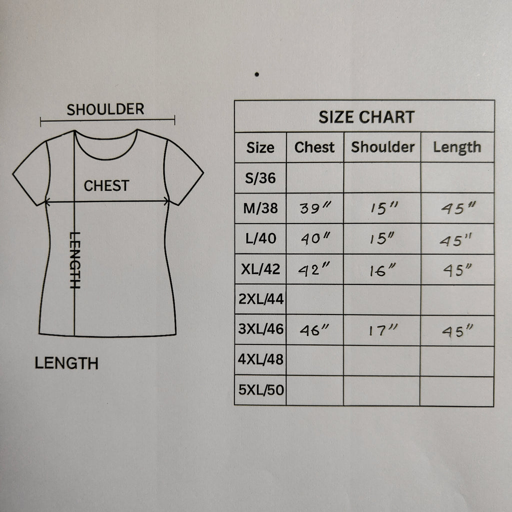 Size chart for a t-shirt with measurements on a gray background