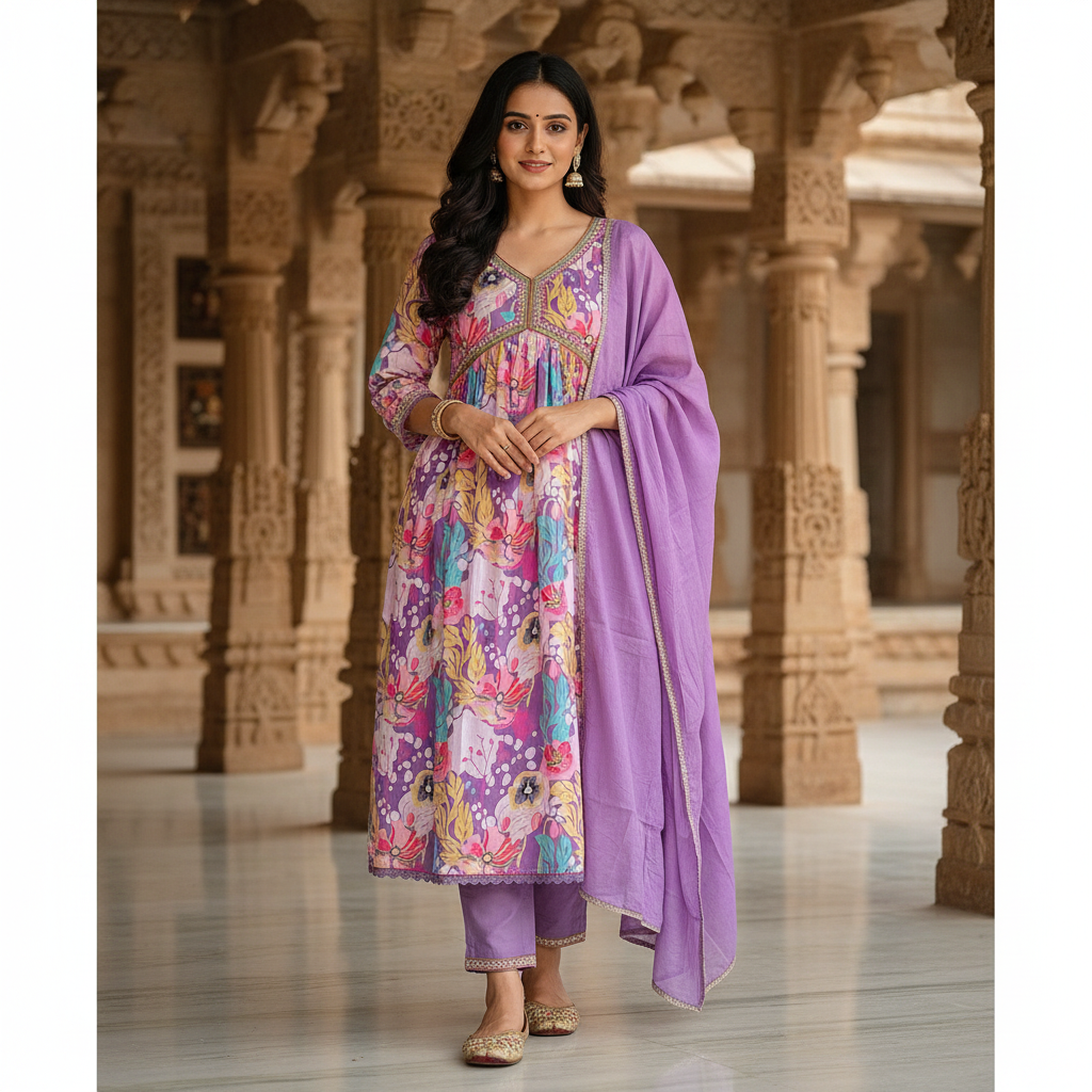 Woman in a colorful traditional outfit with a purple dupatta standing in an architectural setting.