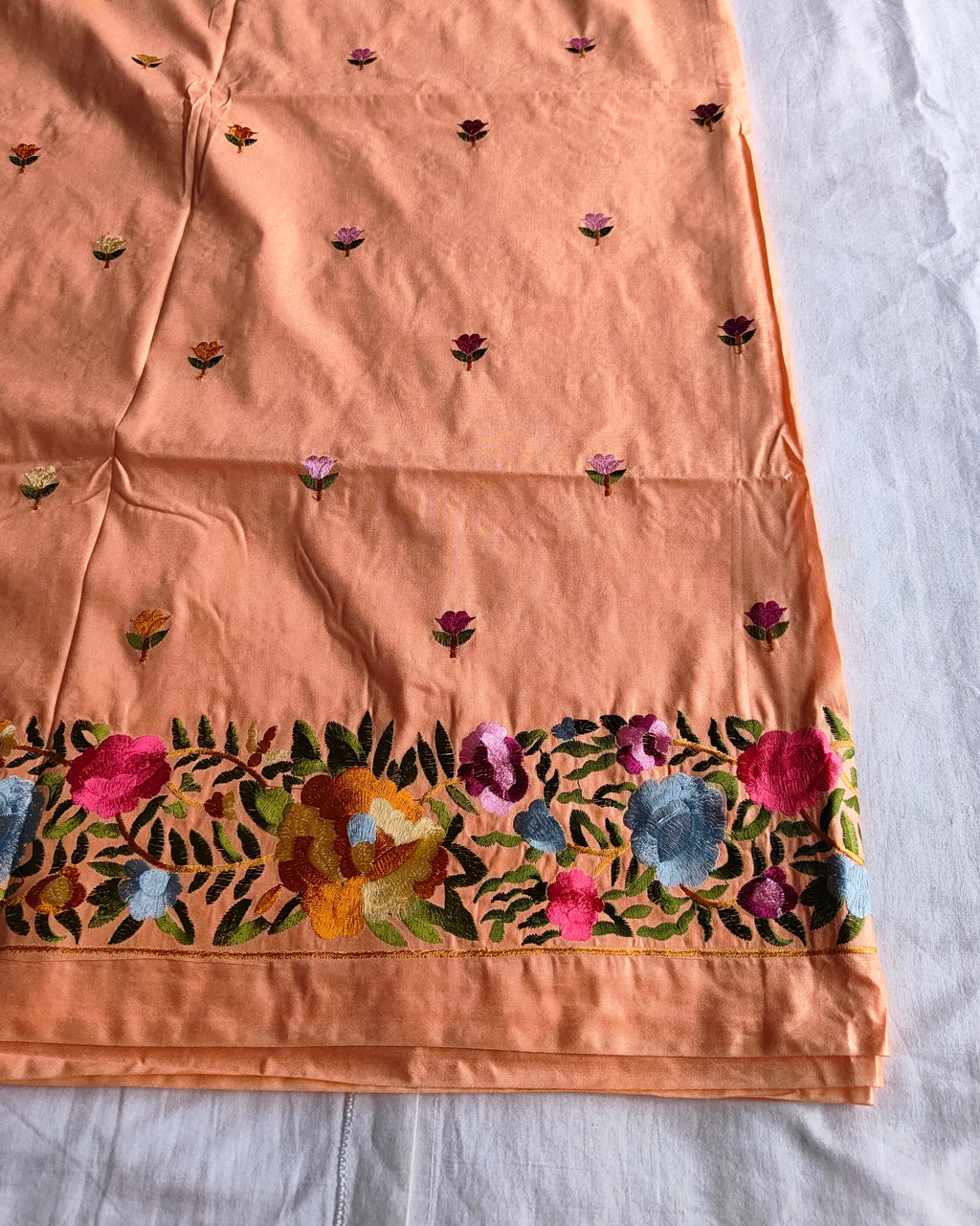 Katan Silk Sari Parsi Embroidered Peach