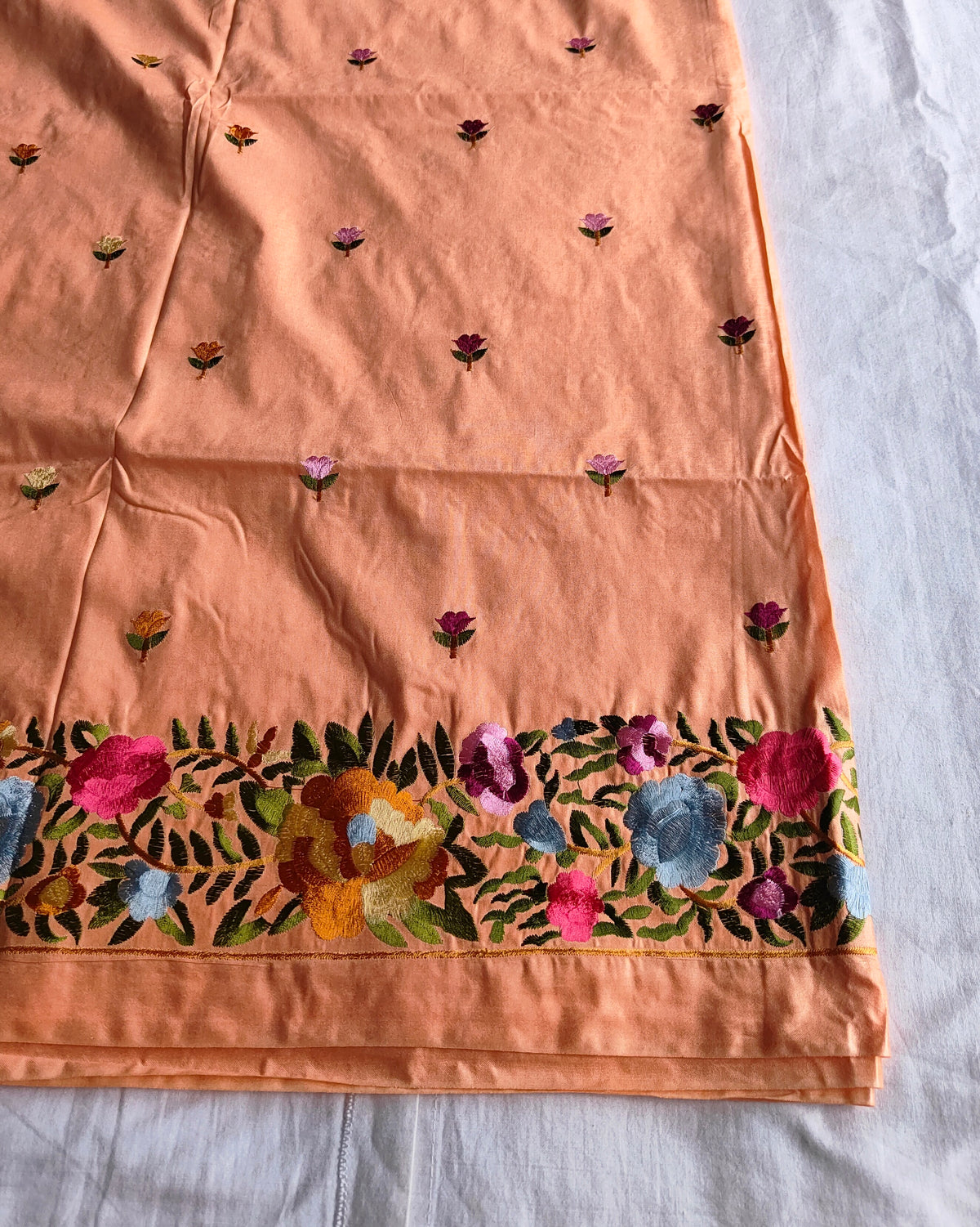 Katan Silk Sari Parsi Embroidered Peach