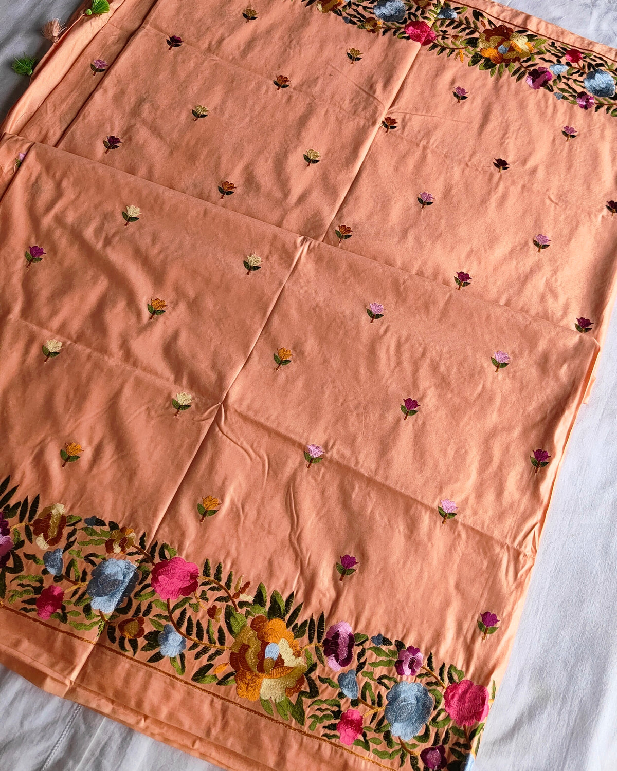 Katan Silk Sari Parsi Embroidered Peach