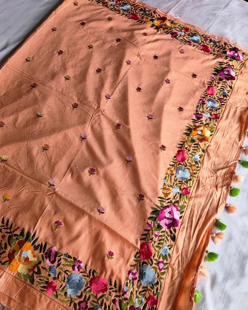 Katan Silk Sari Parsi Embroidered Peach