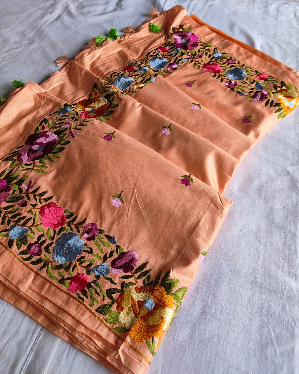 Katan Silk Sari Parsi Embroidered Peach