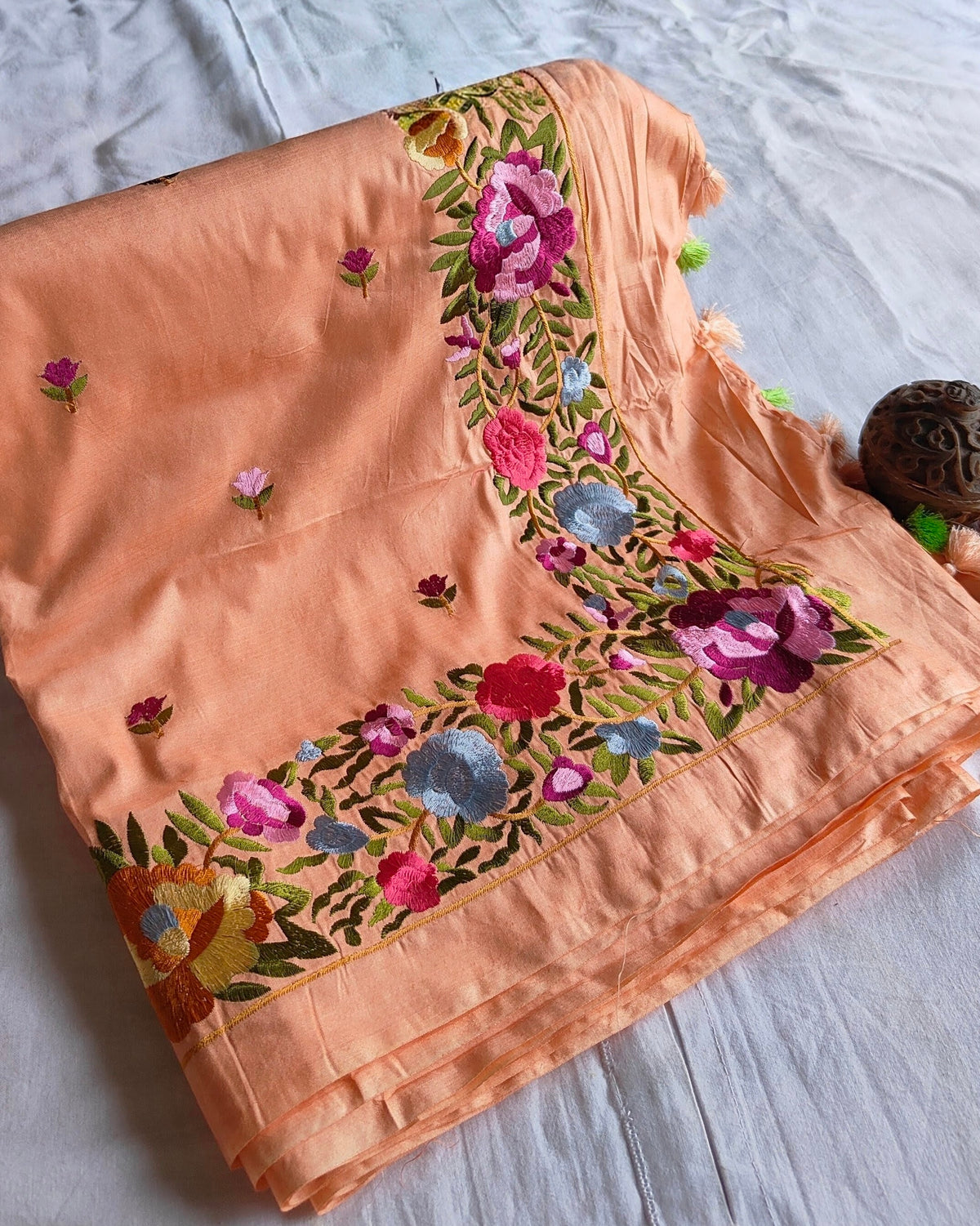 Katan Silk Sari Parsi Embroidered Peach
