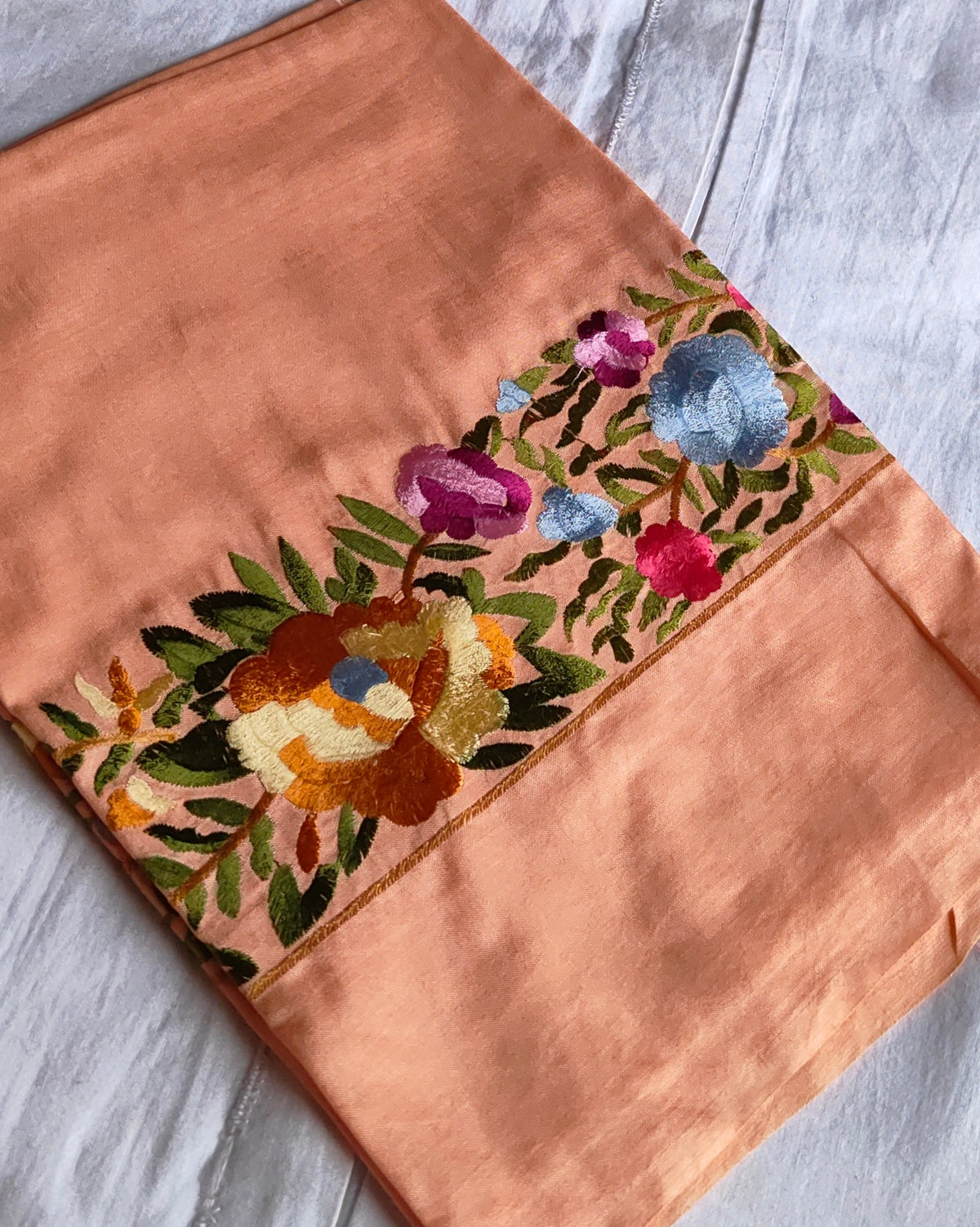 Katan Silk Sari Parsi Embroidered Peach