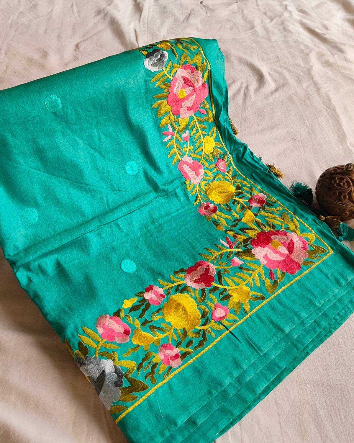 Katan Silk Sari Parsi Embroidered Teal Green