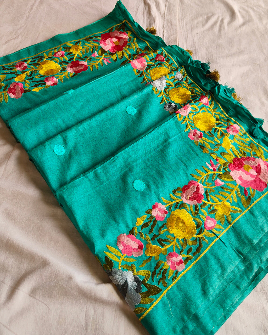 Katan Silk Sari Parsi Embroidered Teal Green