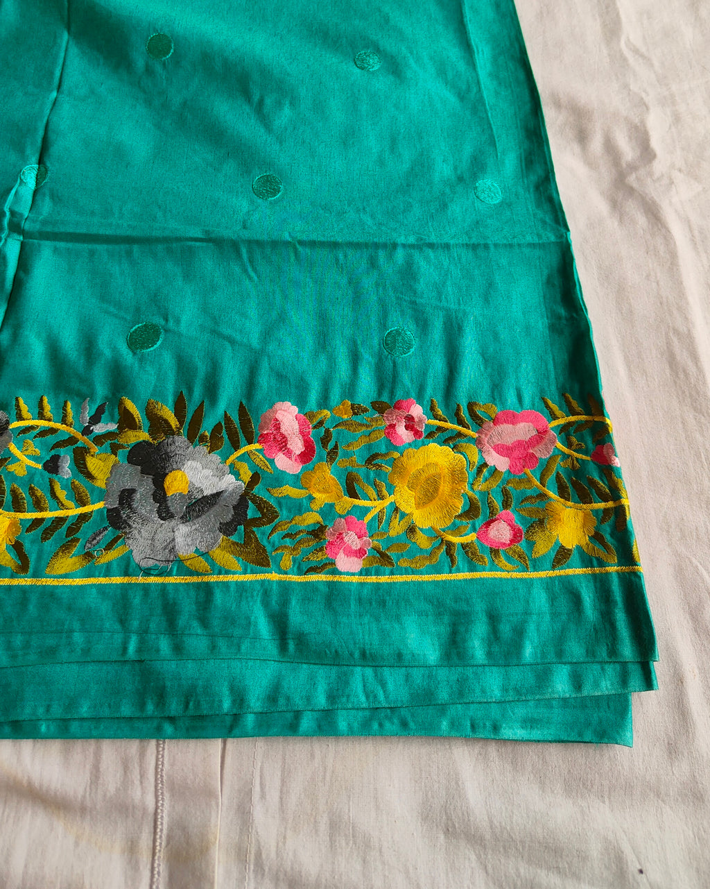 Katan Silk Sari Parsi Embroidered Teal Green
