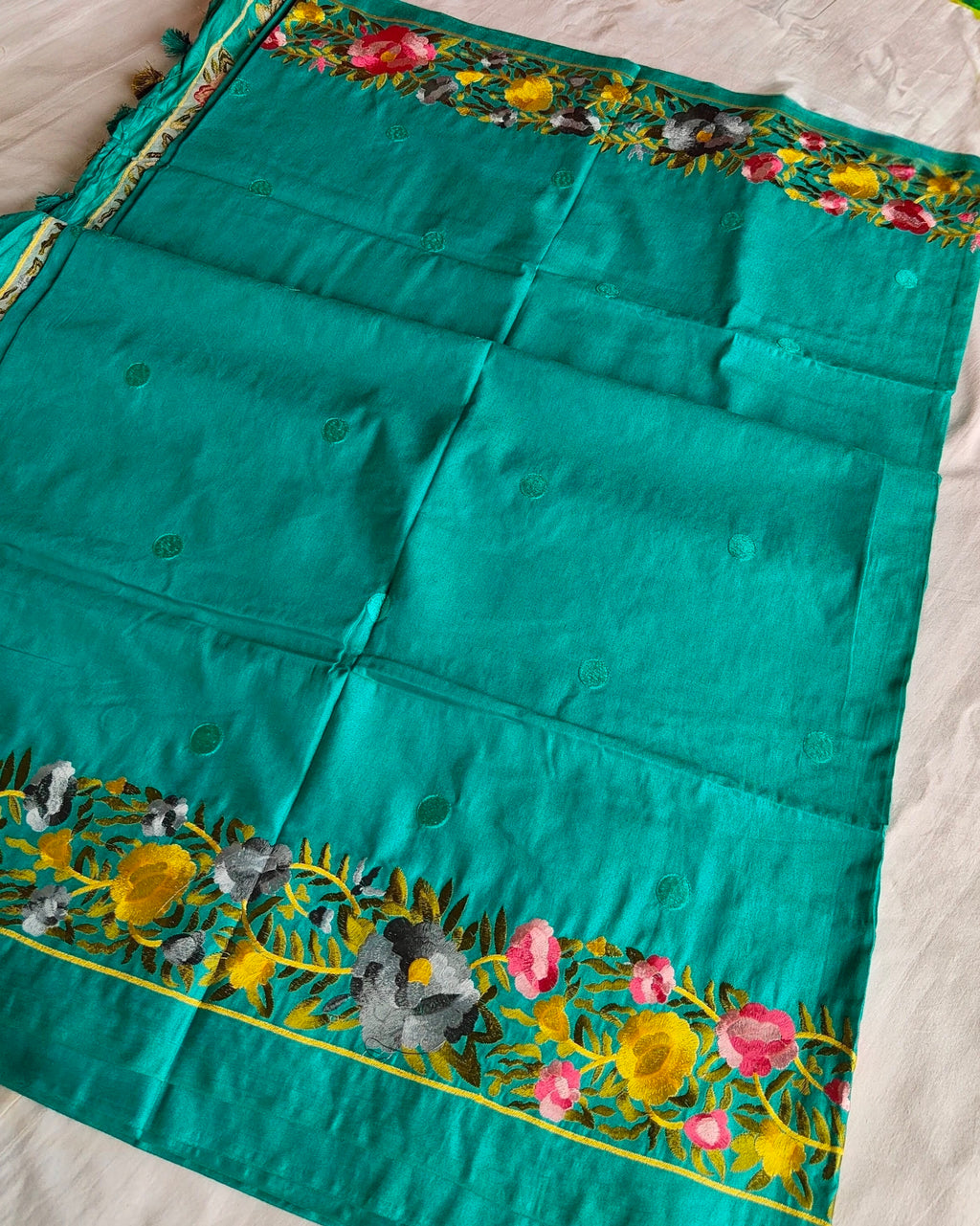 Katan Silk Sari Parsi Embroidered Teal Green