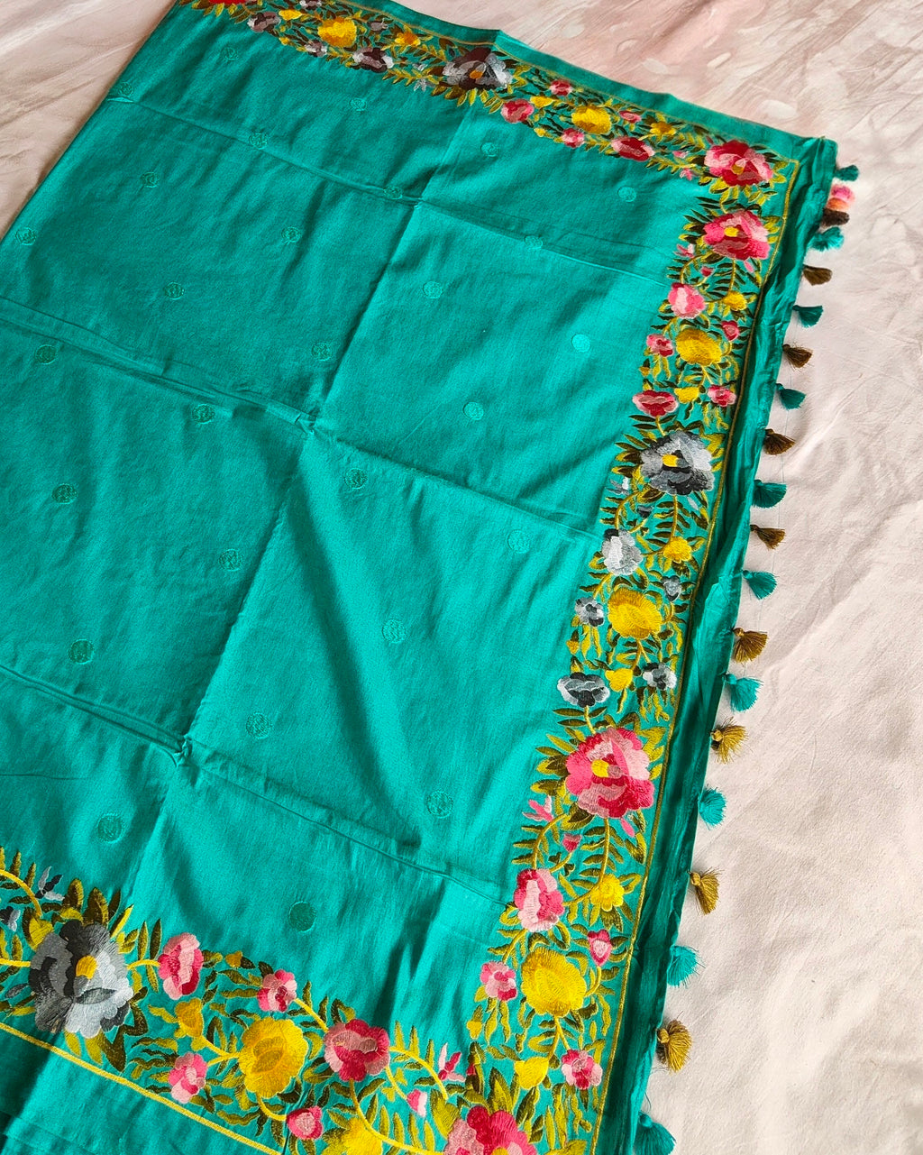 Katan Silk Sari Parsi Embroidered Teal Green