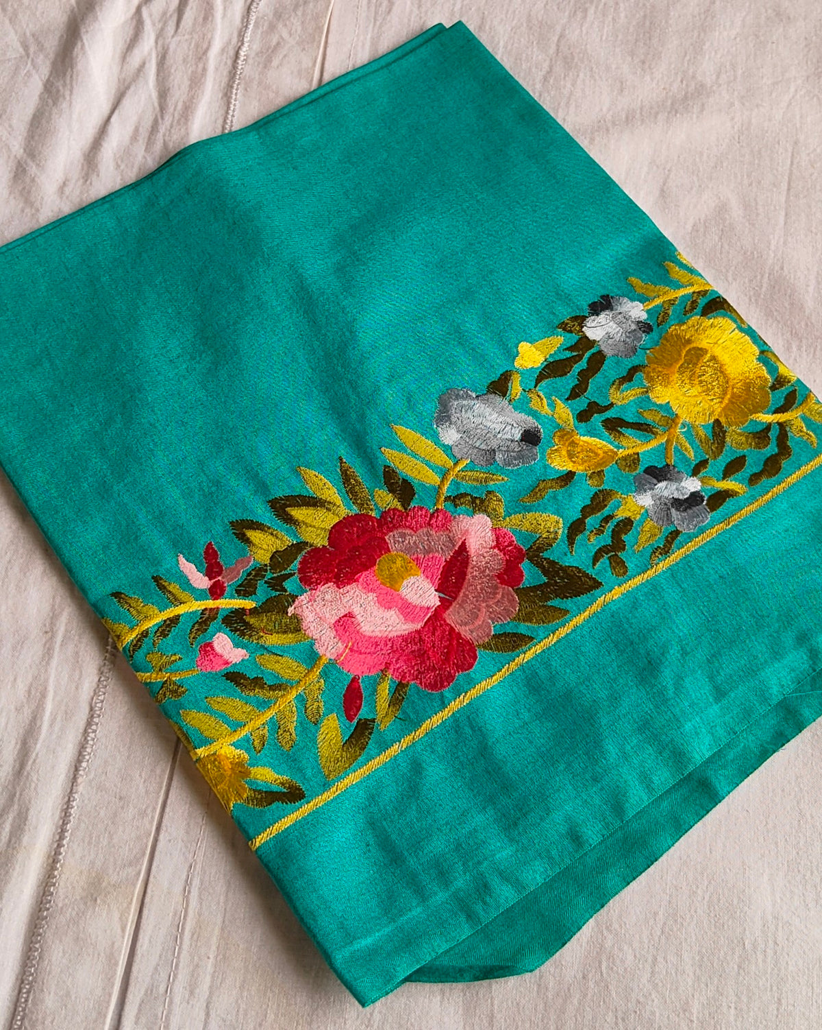 Katan Silk Sari Parsi Embroidered Teal Green