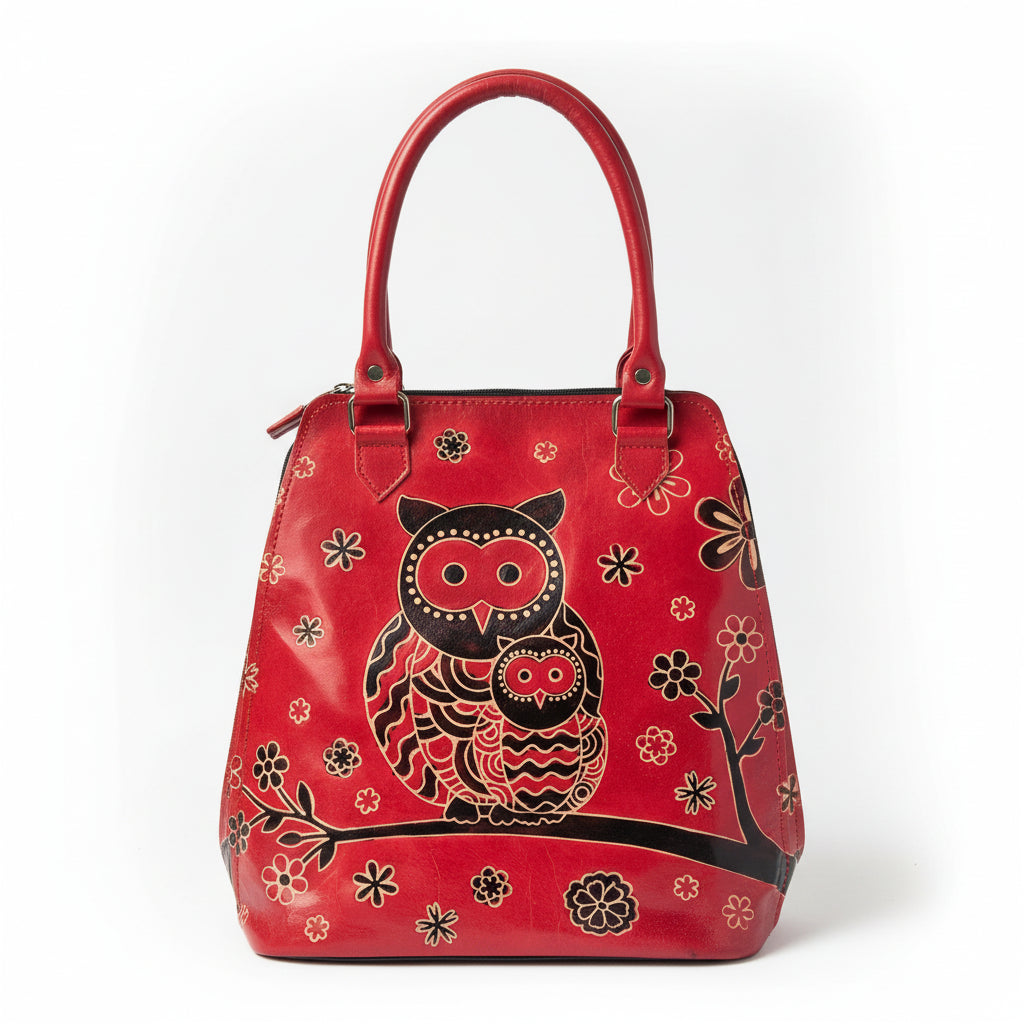 A red leather handbag featuring a hand-painted black and gold owl design with floral accents, set against a plain light background.