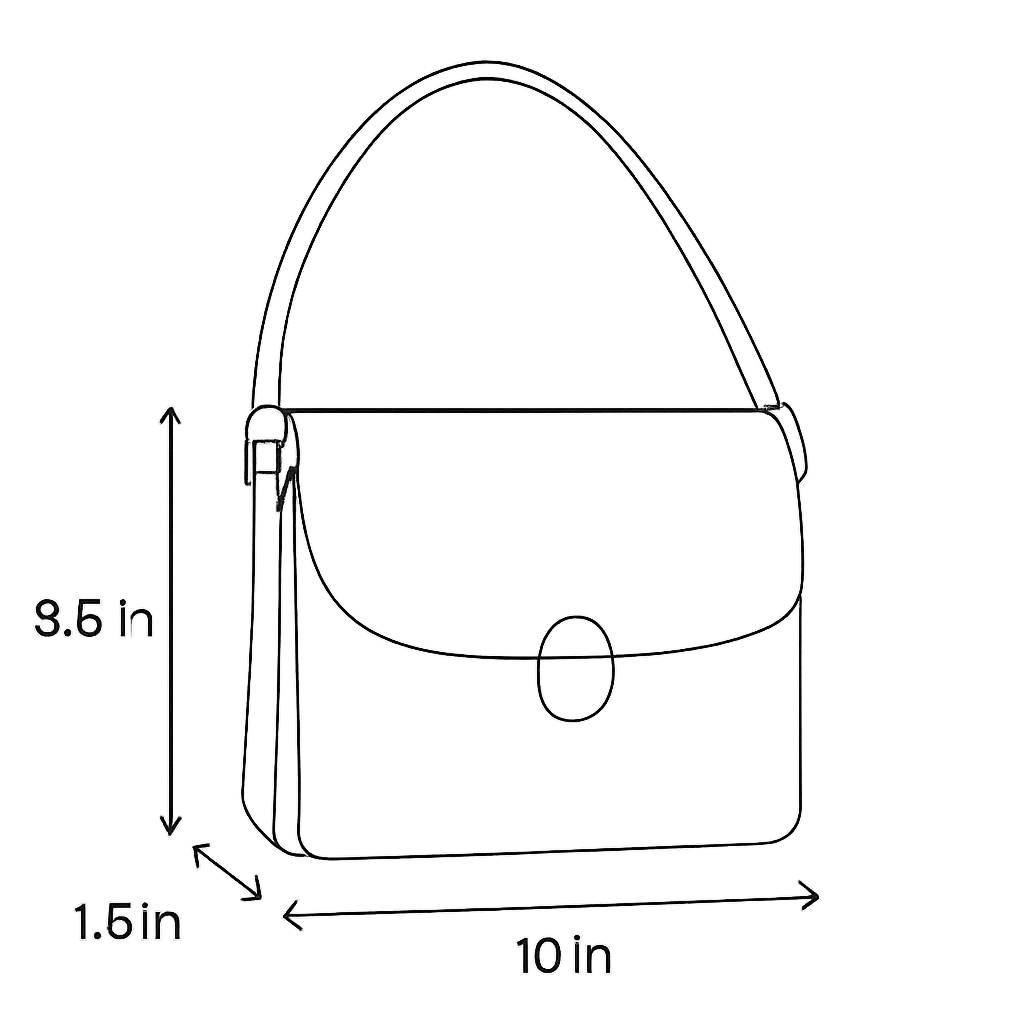 Line drawing of a handbag with dimensions labeled