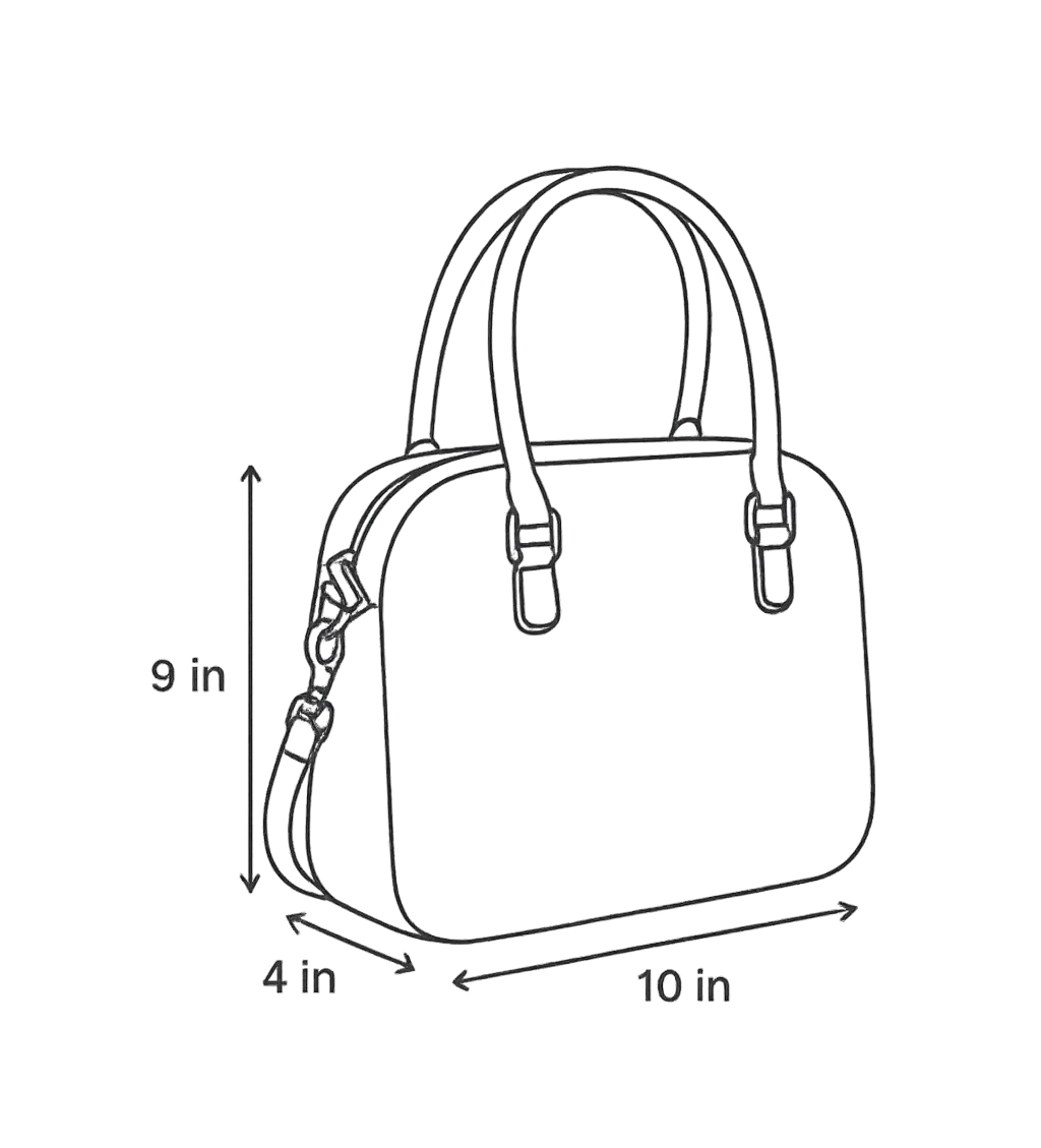 Line drawing of a handbag with dimensions labeled