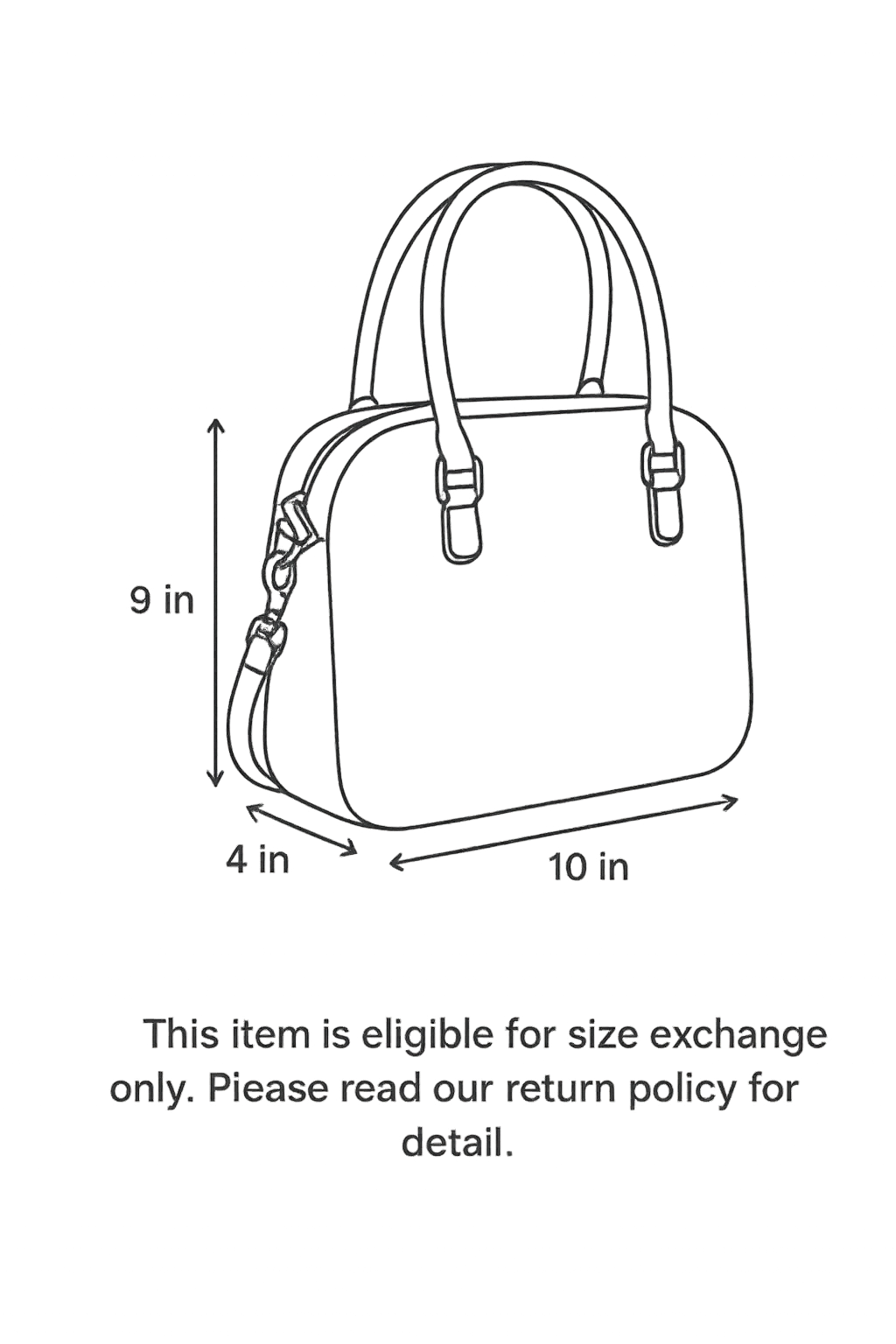 Line drawing of a handbag with dimensions labeled on a white background