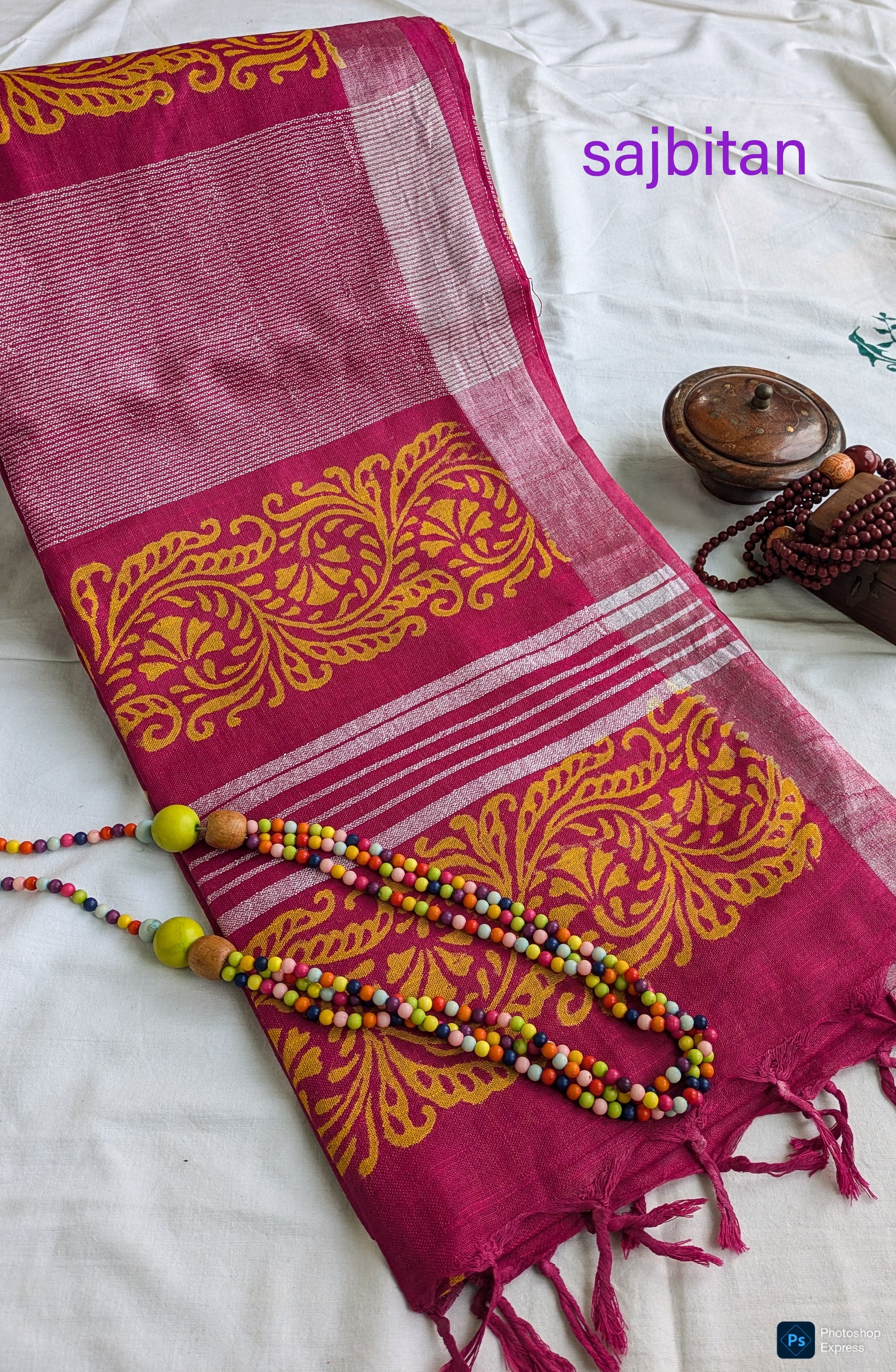 Linen Block Print Sari with Blouse Piece