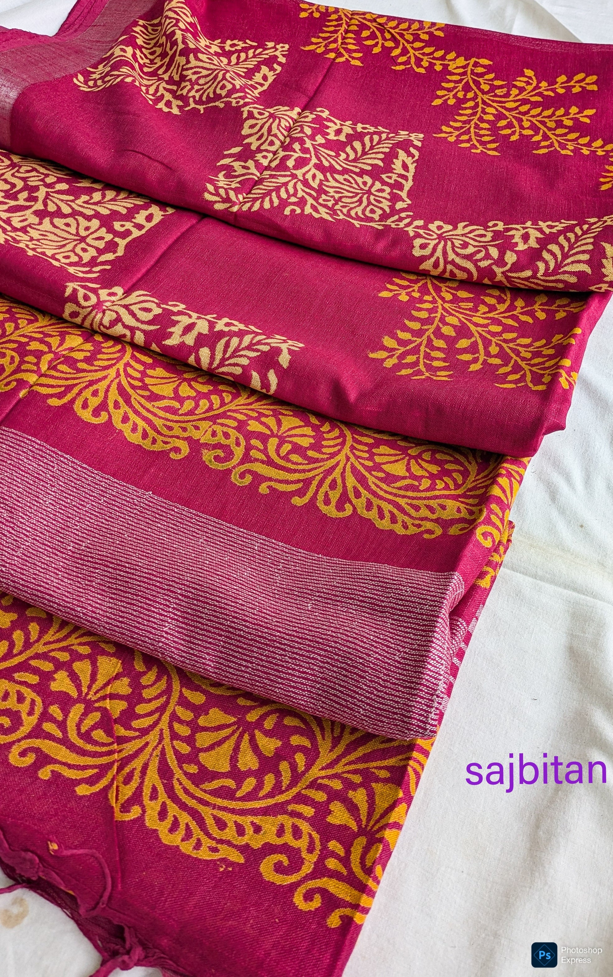 Linen Block Print Sari with Blouse Piece