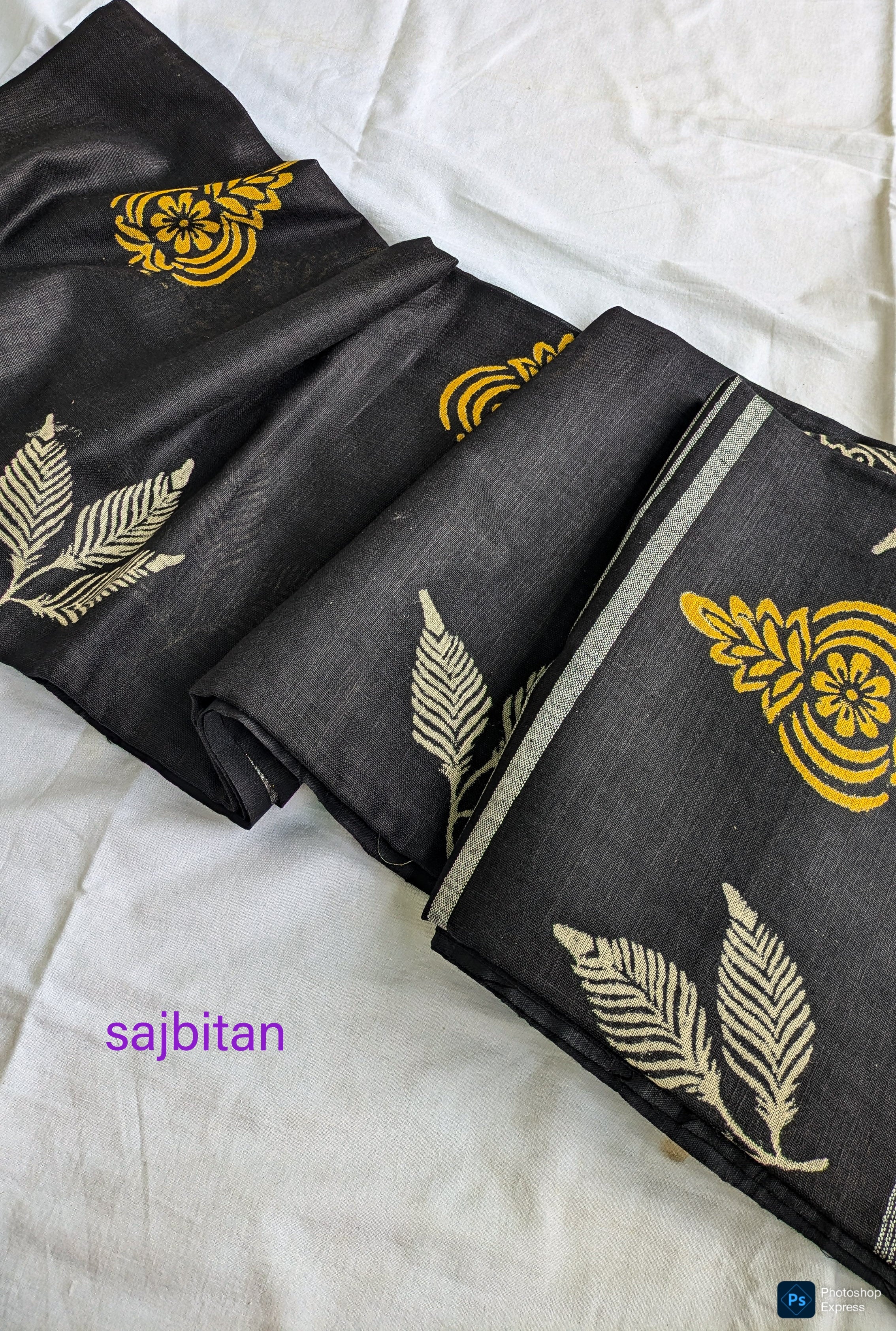 Linen Block Print Sari with Blouse Piece