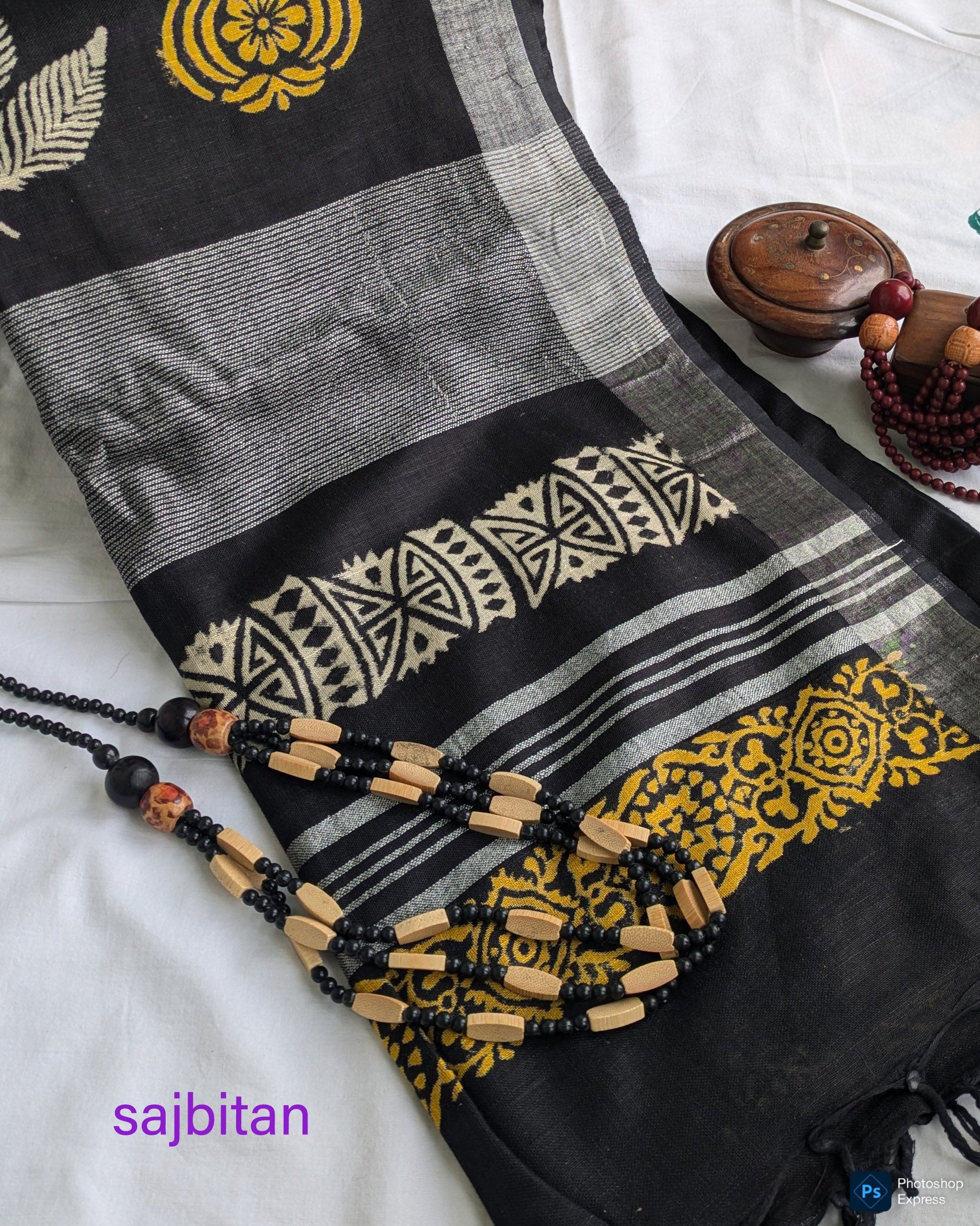 Linen Block Print Sari with Blouse Piece