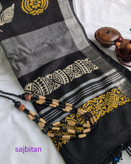 Linen Block Print Sari with Blouse Piece