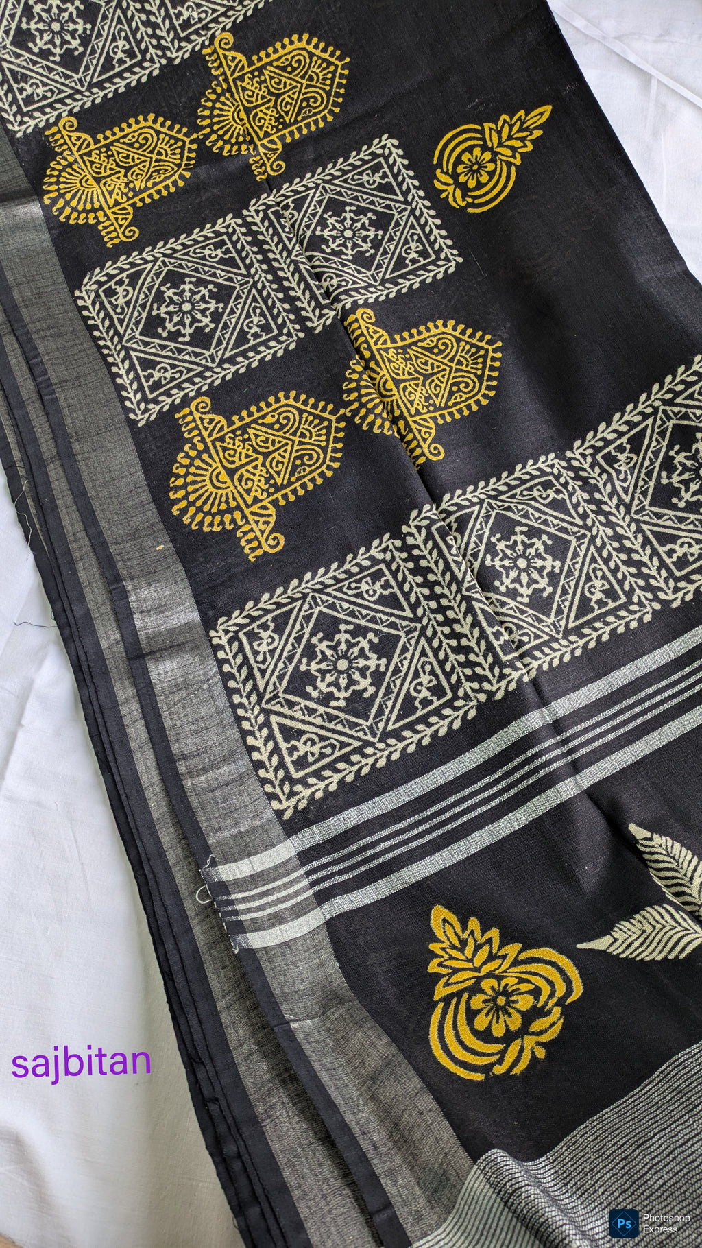 Linen Block Print Sari with Blouse Piece