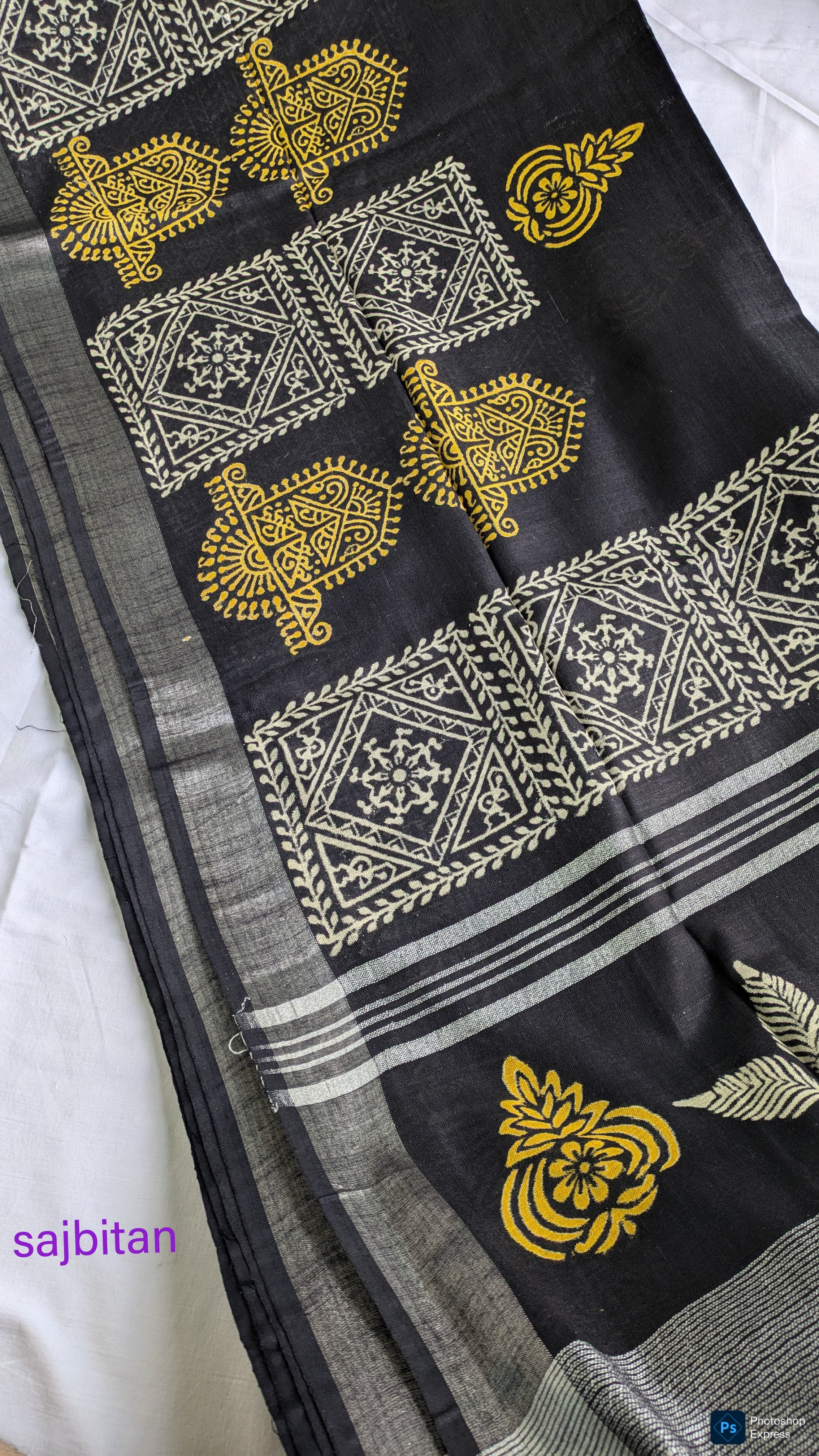 Linen Block Print Sari with Blouse Piece