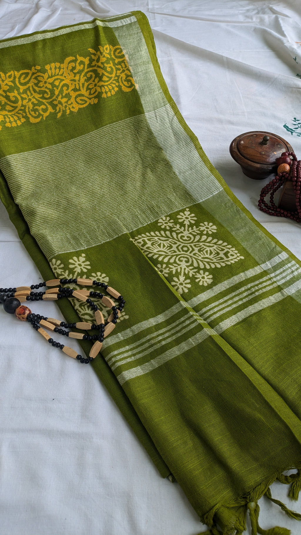 Linen Block Print Sari with Blouse Piece