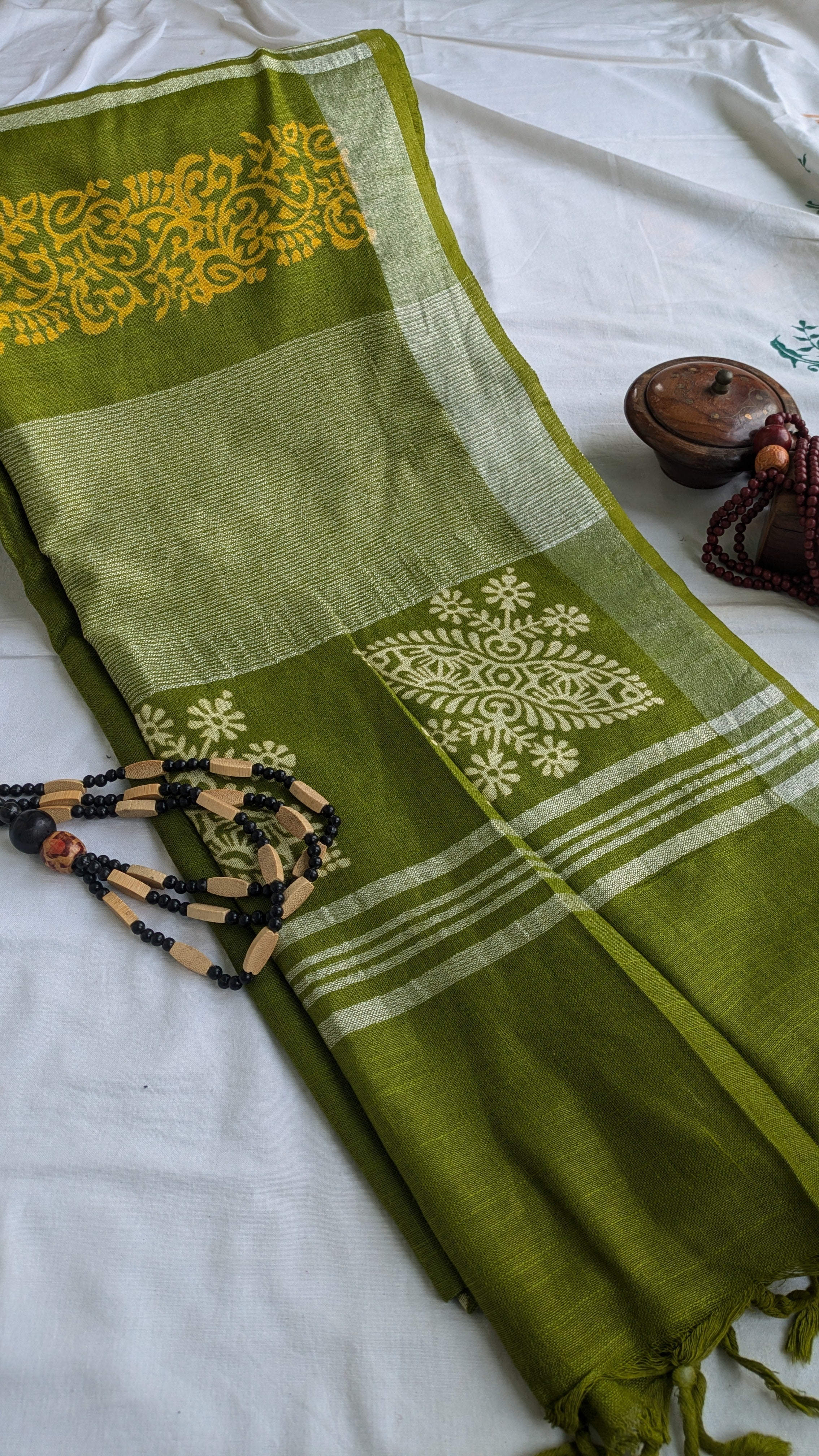 Linen Block Print Sari with Blouse Piece