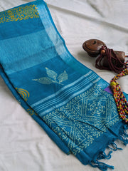 Linen Block Print Sari with Blouse Piece