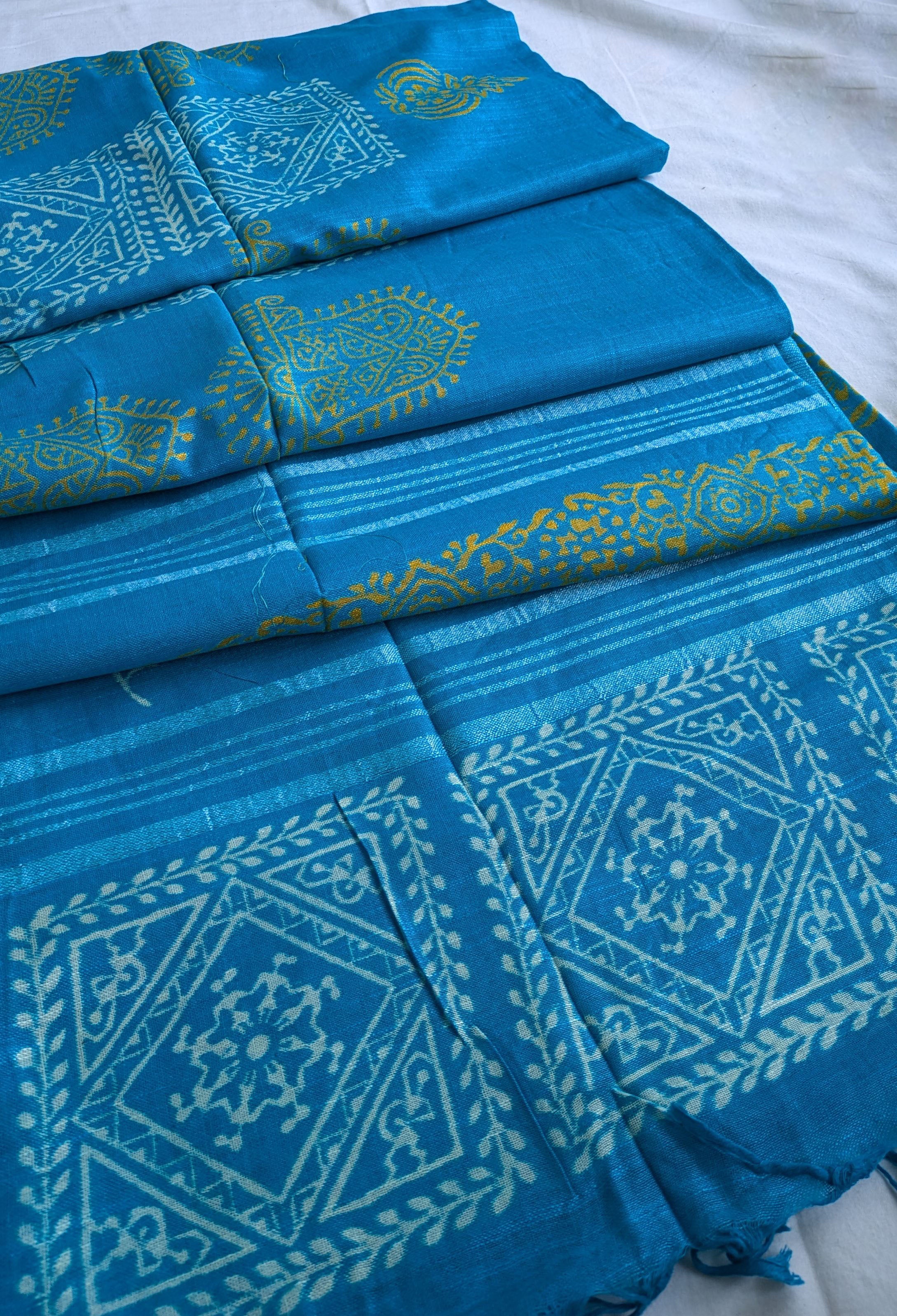 Linen Block Print Sari with Blouse Piece