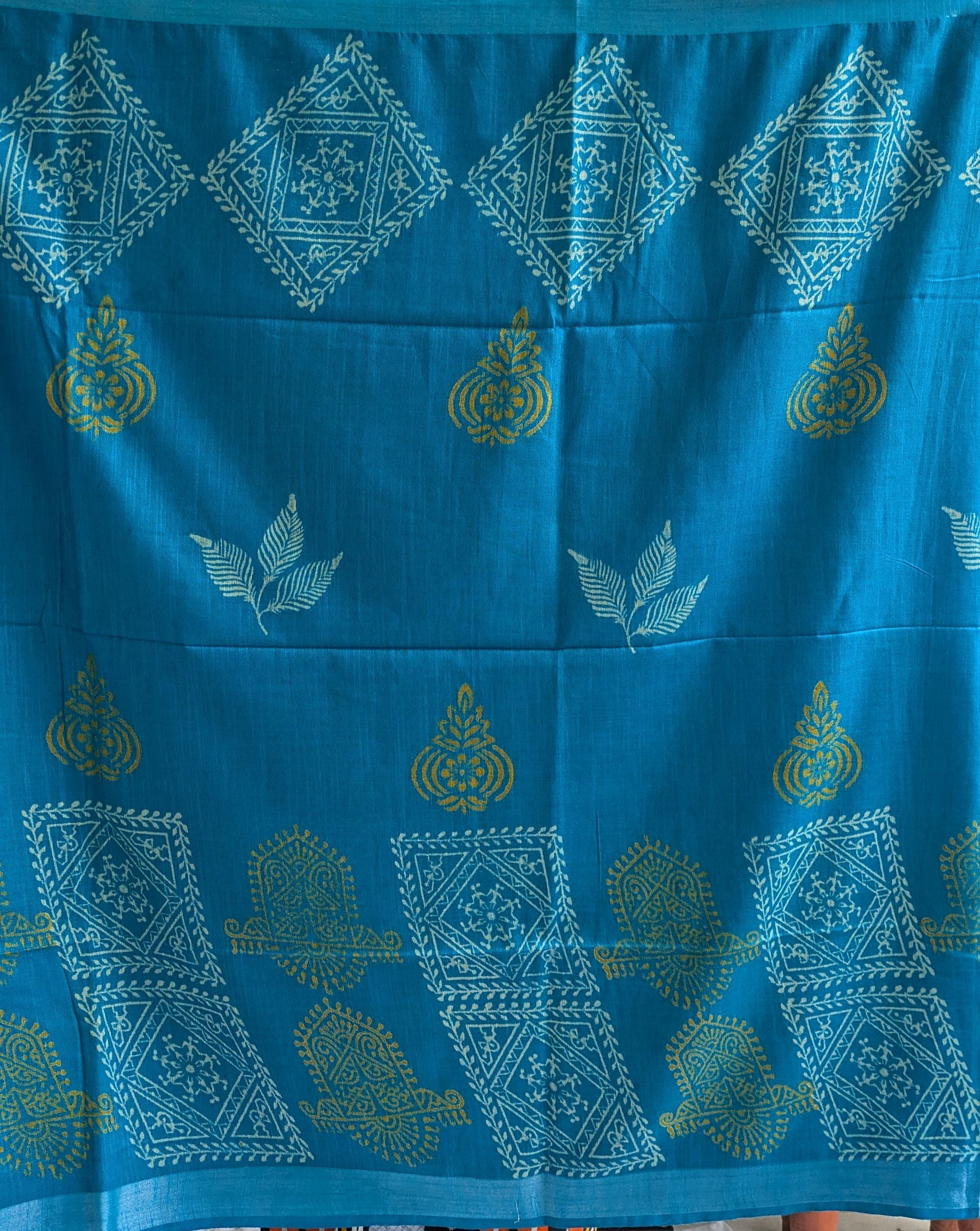 Linen Block Print Sari with Blouse Piece